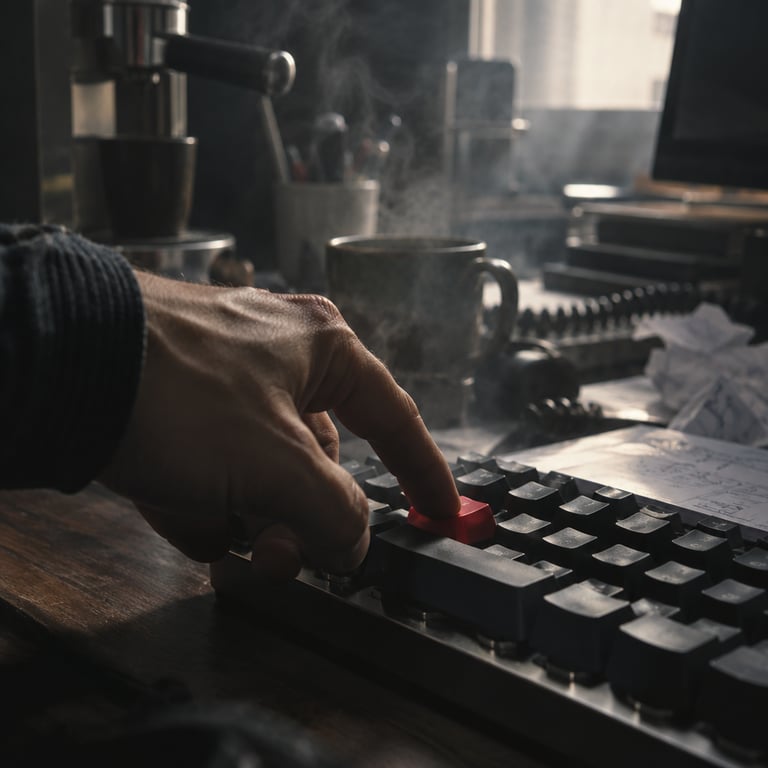 A hand presses a red keycap on a mechanical keyboard in a hazy room, suggesting Claude Code.