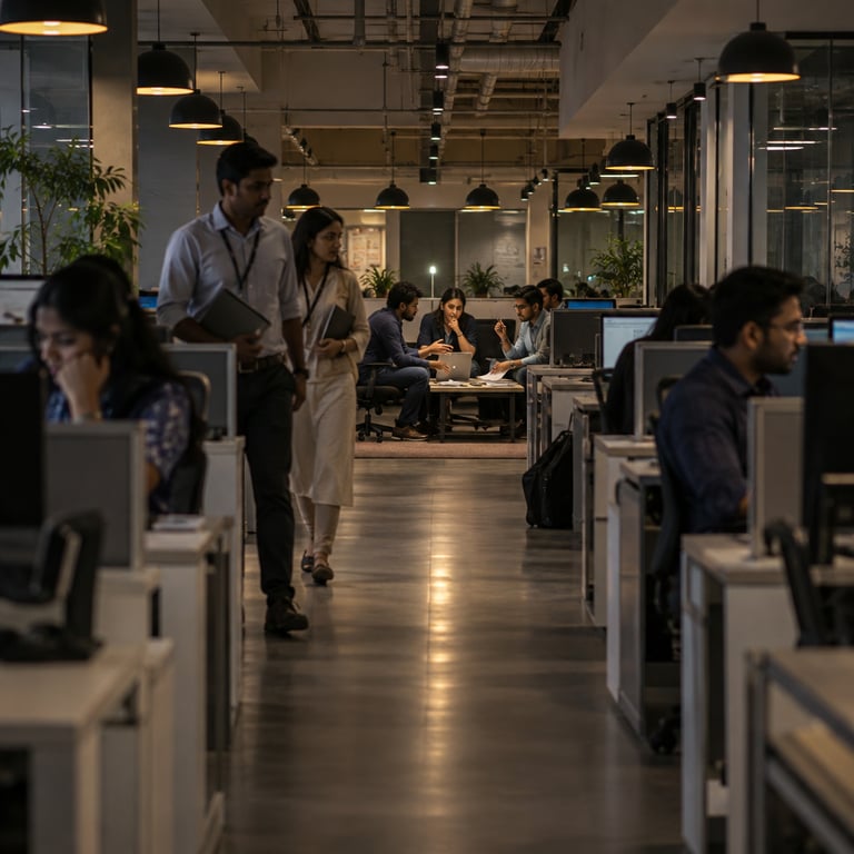 GCC employees in a modern Indian office discuss AI adoption metrics around a table with laptops and charts.