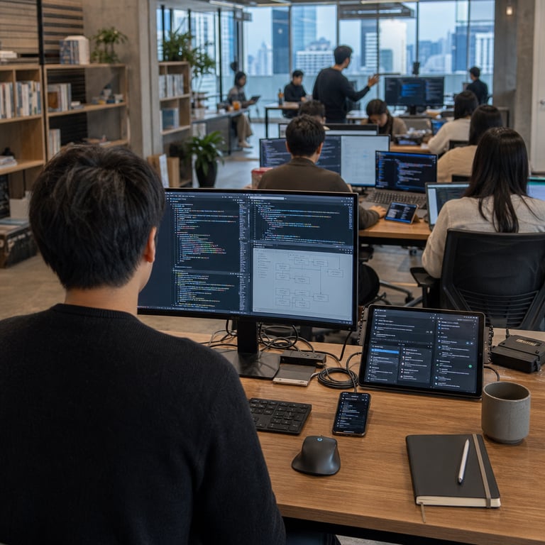 In a contemporary open plan technology workspace an anonymous software engineer sits at a spacious wooden desk with their back to the viewer wearing a plain dark sweater and focused intently on a large flat monitor displaying multiple windows of structured programming code alongside planning diagrams. Adjacent to the monitor rests a tablet device actively running the Gemini app with visible interactive agent panels for task orchestration and automation workflows. A smartphone lies on the desk surface displaying the AI Mode in Search interface integrated directly into practical coding sessions. The desk surface holds an external keyboard a precision mouse several neatly coiled cables a closed notebook with blank pages and a ceramic mug positioned near the edge. In the midground other anonymous professionals occupy similar workstations each interacting with laptops and tablets running comparable agent driven coding sessions within a shared collaborative environment. Background elements include rows of additional desks with ergonomic office chairs potted green plants along the perimeter low bookshelves stocked with technical reference volumes and hardware components and distant windows revealing an urban skyline. The entire setting underscores real world deployment of advanced AI systems for frontier agentic performance and coding utility through everyday hardware interactions without any visible branding logos or textual overlays. Further details encompass organized cable management trays under desks shared conference tables with additional devices scattered across them subtle reflections on screen surfaces from overhead fixtures and a general atmosphere of focused productivity in a professional development hub associated with large scale model releases. The scene captures multiple layers of activity including one figure gesturing toward a shared screen while another types rapidly on a laptop keyboard all emphasizing scalable practical applications of compact high performance models in enterprise agent platforms and global search integrations. Additional environmental textures feature polished concrete flooring subtle acoustic panels on walls and clusters of charging stations with various portable electronics connected indicating continuous workflow support for agent capabilities across devices. Every workstation maintains consistent visual language of modern minimalist furniture and functional tools illustrating cost efficient frontier level performance in daily coding and search assisted tasks.