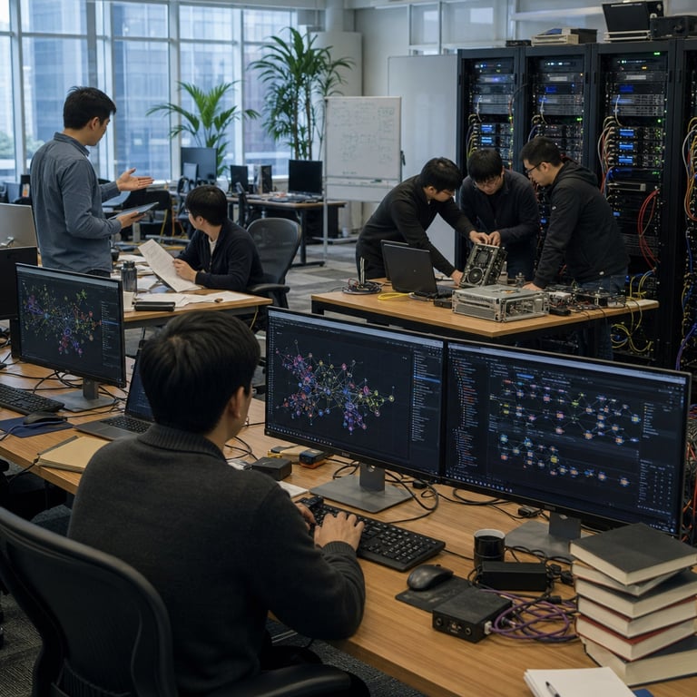 In a spacious open-plan technology office environment belonging to Google DeepMind the scene captures multiple anonymous software engineers seated at long wooden desks arranged in rows each workstation featuring a high-resolution monitor keyboard mouse and external hard drives connected via visible cables one engineer positioned in the foreground leans forward operating a keyboard with both hands while staring intently at abstract graphical interfaces on the screen showing colorful node diagrams and workflow charts without any legible content another engineer to the left stands slightly turned away holding a tablet device and gesturing with one hand toward a nearby colleague who sits upright reviewing printed documents spread across the desk surface in the midground a cluster of three additional professionals huddle around a central table covered with laptop computers server rack components and networking cables the individuals appear engaged in collaborative discussion with one pointing at a physical GPU module resting on the table while others examine the hardware directly behind this group tall black server racks line the wall filled with blinking indicator lights and organized bundles of multicolored cables extending to the floor the background reveals large floor-to-ceiling windows allowing natural daylight to illuminate the entire space revealing modern ergonomic office chairs rolling on carpet tiles potted plants placed in corners and additional empty desks equipped with similar computing setups the overall composition shows a realistic enterprise workspace focused on coding and agentic automation tasks with visible elements including multiple monitors displaying non-text visual data representations various input devices and hardware prototypes scattered across surfaces no individuals have distinguishable facial features or identities as they are shown from side or back angles emphasizing the professional atmosphere of technological development and enterprise integration the lighting is even and functional highlighting the details of the equipment and the focused postures of the workers throughout the room additional elements include charging stations on the desks stacks of reference books with blank covers and a distant view of a whiteboard covered in non-readable sketches all contributing to a grounded photojournalistic depiction of daily operations in advanced AI model deployment for business automation workflows