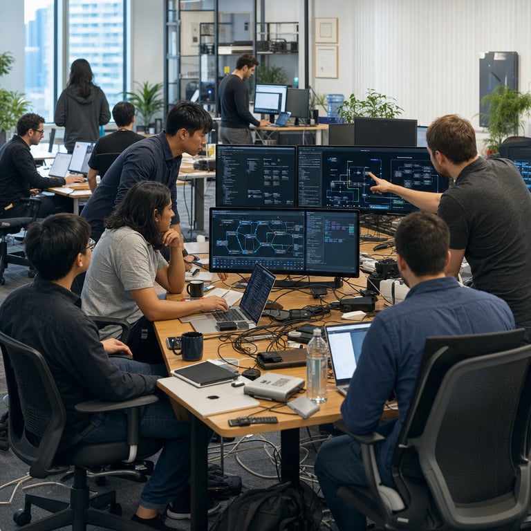 Inside a spacious open-plan technology office environment linked to Google DeepMind multiple anonymous software engineers wearing neutral casual attire such as plain button-down shirts and dark jeans sit and stand around a long wooden conference table cluttered with silver laptops black keyboards wireless mice stacks of notepads and ceramic coffee mugs while several individuals lean forward to examine multiple large flat-screen monitors displaying intricate abstract graphical interfaces representing coding workflows agent-based task automation and customizable reasoning modules with no readable content visible one engineer points at a monitor showing layered node diagrams symbolizing benchmark gains in programming efficiency another reviews hardware setups including external hard drives network routers and power adapters scattered across the table surface the background features additional desks with more computers ergonomic office chairs potted green plants large glass windows revealing an urban cityscape outside soft natural daylight illuminating the entire scene individuals collaborate in small groups discussing model iterations from prior Gemini versions to the newest release focusing on enhanced agent performance and introductory pricing reductions for API access in enterprise and studio contexts cables snake across the floor connecting various devices to central hubs shelves in the distance hold generic server racks and storage units without markings the overall composition captures a live-action moment of collective technical evaluation with engineers moving between workstations adjusting screen angles and sharing insights on development tools the setting includes subtle elements like wall-mounted abstract art pieces framed certificates without text and a water cooler in the corner emphasizing a professional collaborative atmosphere dedicated to advancing artificial intelligence frameworks for coding and agent applications across multiple projects the engineers exhibit focused expressions and natural gestures such as typing on keyboards gesturing with open hands and nodding in agreement all elements remain grounded in real-world hardware objects and workspace configurations typical of technology innovation hubs without any superimposed graphics or identifiers the scene extends to peripheral areas showing additional programmers at individual cubicles surrounded by reference books closed laptops and charging stations reinforcing the narrative of widespread adoption and practical implementation of the updated model in daily engineering routines with attention to details like varied skin tones and hairstyles among the anonymized figures to reflect diverse teams engaged in iterative testing of reasoning capabilities and cost-effective deployment strategies for Gemini API integrations in Google AI Studio environments and related enterprise solutions the entire tableau presents a cohesive single-frame depiction of industry progress in frontier models through tangible human interaction with computational tools and collaborative spaces.