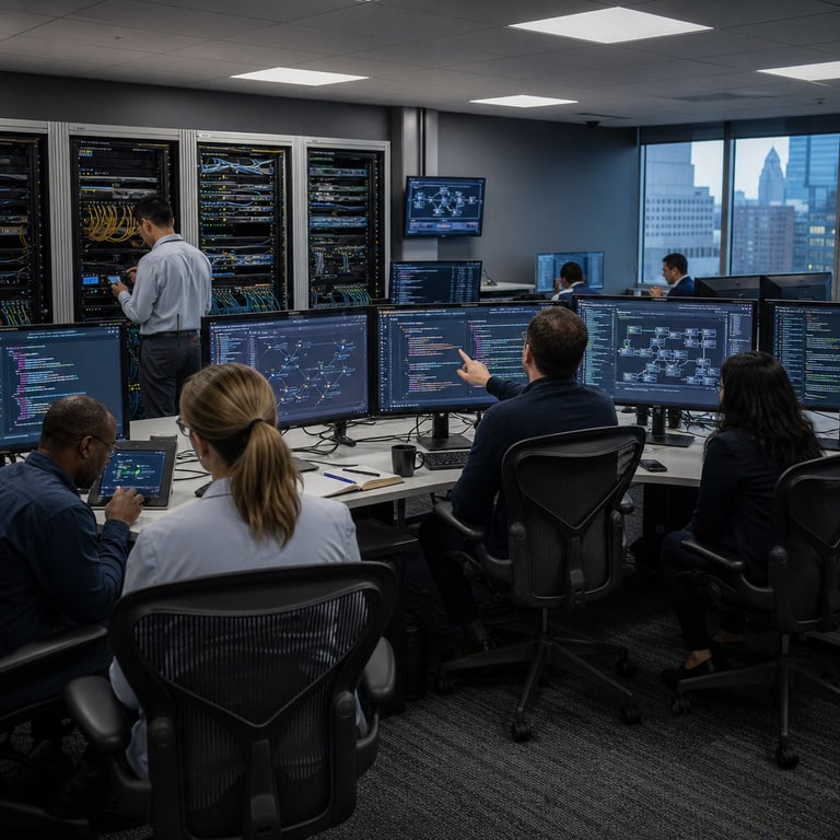 Inside a expansive high-security data operations facility a group of anonymous professionals in neutral business casual clothing work at long rows of modular desks each holding multiple flat panel displays showing complex abstract network graphs flowcharts of algorithmic decision trees and dense blocks of syntax highlighting for agentic coding sequences related to cyber defense tasks. Server racks line the rear wall with visible cabling bundles and status indicator arrays representing large-scale computational infrastructure tied to restricted cybersecurity AI variants and competing model families. One analyst seated at the center desk gestures toward a shared monitor displaying layered visualizations of performance benchmarks in automated code generation and intrusion detection simulations while two colleagues lean in to review the same output on their individual terminals. To the left another individual examines a portable diagnostic tablet connected to a rack-mounted unit evoking controlled access programs for specialized defense-oriented models. The room features neutral gray walls with subtle ventilation grilles overhead lighting panels casting even illumination across the workspace and a distant window revealing an urban skyline with other commercial buildings. Desks hold generic office items including notepads pens wireless keyboards ergonomic chairs with mesh backs and half-empty ceramic mugs. The professionals include individuals of varying ages genders and ethnic backgrounds all focused intently on their tasks illustrating the collaborative intensity surrounding recent advancements in AI systems for coding efficiency and security applications from organizations such as Google Anthropic and DeepMind. Detailed textures include the brushed metal finish on server enclosures the woven fabric of seating the smooth plastic of monitor bezels the matte surface of tablet screens and the subtle patterns in the low-pile carpet. Background elements show additional workstations with cables neatly routed under raised flooring and wall-mounted panels with abstract status indicators. The entire scene conveys the atmosphere of accelerating competition through price adjustments and new specialized releases in frontier AI for agentic coding and cyber defense without any readable characters or specific branding. The composition centers on the human-machine interaction in this real-world professional environment highlighting hardware setups and team dynamics associated with model launches benchmark parity and restricted programs like the Fairwind initiative involving Gemini variants and Claude family reductions.