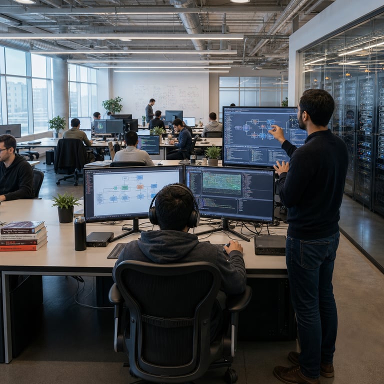 A realistic photojournalistic scene inside a large modern technology enterprise office workspace featuring multiple anonymous software engineers in business casual attire working collaboratively at long rows of ergonomic desks equipped with arrays of large flat screen monitors displaying intricate programming interfaces code repositories and agent workflow diagrams representing long horizon autonomous agent development tasks. In the foreground one engineer sits with back to the camera operating a high performance workstation with dual monitors showing layered software architecture visualizations and simulation outputs for complex reasoning chains in agentic systems while another engineer stands nearby gesturing toward a shared screen illustrating multi step planning sequences for autonomous software engineering agents. The background reveals a spacious open plan layout with additional team members focused on their tasks some using laptops connected to enterprise servers and cloud infrastructure symbols through visible cabling and hardware setups. Large windows along one wall allow natural daylight to illuminate the room revealing subtle details like potted plants on desks organized stacks of technical reference materials and various computing peripherals including keyboards mice and external hard drives arranged neatly. The overall environment includes visible elements of enterprise scale deployment such as server racks visible through a glass partition wall humming with activity and network equipment suggesting the underlying infrastructure supporting advanced AI models like large context window systems for frontier performance in software engineering applications. Every element emphasizes a grounded real world corporate tech setting dedicated to developing and deploying autonomous agents with enhanced reasoning capabilities at accessible pricing levels for multiple enterprise platforms with no visible text logos or identifiers on any surfaces or screens. Additional details include varied skin tones and hairstyles among the anonymized professionals diverse seating arrangements with some using standing desks and collaborative whiteboards in the distance marked only with abstract shapes and lines. The scene captures a moment of active engagement with hardware and software tools directly tied to long context processing and agent autonomy in a professional software development context extending across the entire visible space with precise attention to realistic textures like fabric on chairs metallic finishes on monitors and subtle reflections on polished floors.