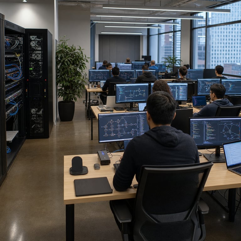 A spacious modern enterprise office interior features rows of anonymous professionals seated at minimalist desks with sleek laptops and multiple external monitors arranged in ergonomic setups. The workspace includes neutral-toned walls, polished concrete floors, and large windows revealing an urban skyline outside. Hardware elements such as stacked server racks with visible cooling vents and bundled network cables occupy one corner, representing advanced computational infrastructure for AI-driven coding tasks. Back-turned figures in business casual attire interact with keyboards and pointing devices while focused on screens displaying abstract graphical interfaces and data flow diagrams without any visible markings. Potted greenery and subtle acoustic panels add to the professional atmosphere. Additional details include wireless charging pads, external hard drives, and tablet devices scattered across surfaces to evoke extensive context handling in agentic workflows. The overall environment conveys high-performance computing for frontier model applications in enterprise settings, with emphasis on efficient yet resource-intensive operations through the density of interconnected devices and active workstations. Subtle indicators of ongoing processes appear via illuminated status lights on routers and peripheral equipment. The scene captures the balance of introductory accessibility and potential scaling challenges in large-scale deployments, illustrated through the volume of active hardware and collaborative yet individualized work stations. Neutral lighting from overhead fixtures and natural daylight highlights textures on metal casings, fabric chair upholstery, and wooden desk surfaces. Multiple anonymous individuals engage simultaneously with tools symbolizing advanced coding assistance, all within a single cohesive real-world corporate technology hub associated with major technology providers.