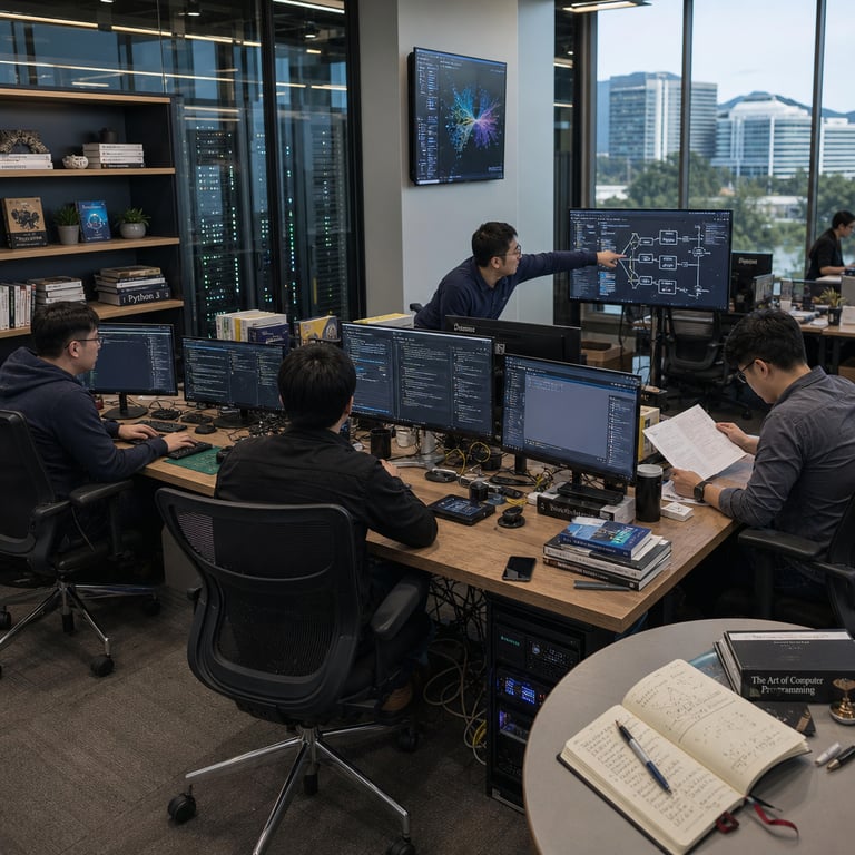 Inside a spacious modern technology development workspace at a major software company headquarters several anonymous professionals dressed in neutral casual business attire sit at long shared wooden desks equipped with multiple high-resolution computer monitors keyboard trays ergonomic office chairs and tangled bundles of Ethernet cables and power cords running neatly along the floor edges. The professionals lean forward intently examining lines of code on their screens while one person gestures toward a shared display showing layered diagrams of neural network architectures and security protocol flows another types rapidly on a laptop keyboard with a focused posture and a third reviews printed technical documents spread across the desk surface. In the midground rows of black server racks with blinking status lights stand behind transparent glass partitions next to organized shelves holding stacks of technical reference books external hard drives and small potted succulents. Large floor-to-ceiling windows reveal an exterior view of landscaped corporate campus grounds with distant office towers under bright daylight. Additional details include wall-mounted flat panel displays showing abstract multicolored data visualizations coffee mugs and water bottles placed between workstations wireless mouse devices charging cables and a central round table holding open notebooks with handwritten flowcharts and pens. The overall arrangement conveys collaborative work on advanced artificial intelligence reasoning systems multimodal input processing pipelines and cybersecurity defense applications within a clean well-lit professional environment featuring neutral color palettes of grays blues and wood tones with visible hardware elements such as GPU towers network switches and cooling fans. Subtle background elements include a distant corridor leading to additional lab spaces filled with more workstations and a coat rack holding jackets and backpacks near the entrance. Every surface shows signs of active use with scattered USB drives calibration tools and reference cards placed methodically to support ongoing development tasks focused on frontier-level agentic coding tools and specialized security programs.