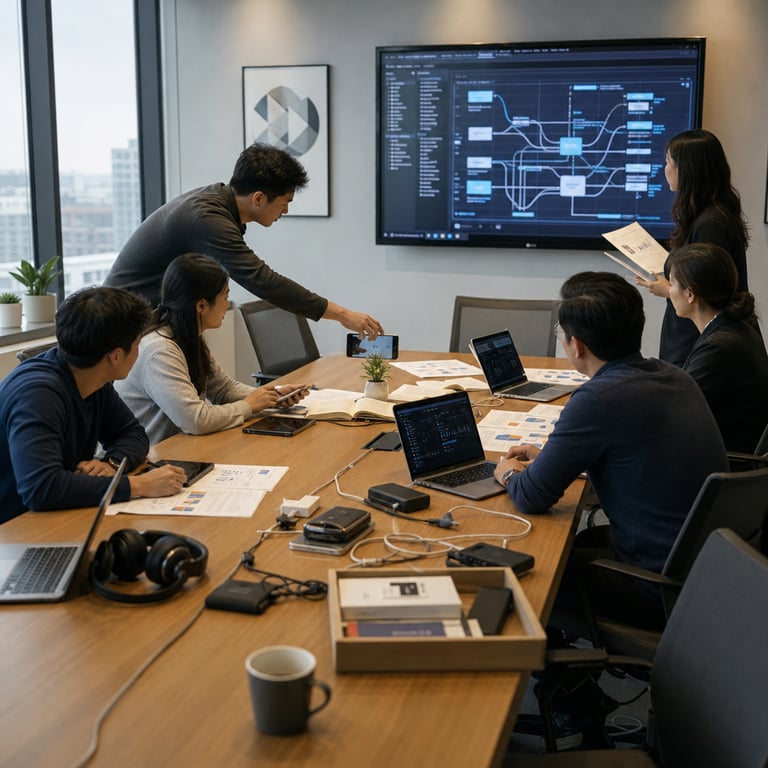 In a brightly lit modern open-plan technology office with floor-to-ceiling windows overlooking an urban skyline a group of diverse anonymous professionals in business casual attire sit around a large rectangular wooden conference table covered with scattered notebooks tablets and wireless earbuds one individual holds a smartphone horizontally with its rear camera directed toward a small potted plant and an open book on the table while another professional seated opposite views a laptop screen displaying dynamic interface elements suggesting real-time processing another person gestures toward the phone as if discussing live feedback loops several other figures stand nearby reviewing printed charts and diagrams on the table surface without any visible markings the room features neutral gray walls with abstract geometric art pieces multiple charging cables and external hard drives lie neatly arranged along the table edge a large wall-mounted display in the background shows blurred graphical representations of data flows and connection nodes indicating background computational activity the professionals wear neutral colored shirts and sweaters with varied skin tones and hairstyles their postures indicate focused collaboration with one person leaning forward to adjust the smartphone angle another takes notes on a tablet using a stylus the environment includes potted succulents along the windowsill ergonomic office chairs with mesh backs and a visible coffee mug on a side table the overall composition captures a moment of hands-on interaction between physical objects and digital devices emphasizing visual input processing and multi-step analytical support in a collaborative workspace setting the lighting is even natural daylight supplemented by overhead LED panels creating soft shadows on the table surface no individuals show distinguishable facial features as they are viewed from angles or with backs partially turned the scene includes additional elements such as a second laptop open to a dashboard view a pair of over-ear headphones resting beside it and a stack of reference materials in a tray all contributing to an atmosphere of active development and testing for advanced voice-enabled visual search capabilities integrated with extended reasoning tools the professionals appear engaged in iterative testing where camera feeds trigger immediate informational responses and background data lookups occur seamlessly across multiple language contexts the table surface reflects subtle highlights from the devices emphasizing the tangible hardware involved in deploying such systems through developer platforms and application programming interfaces the entire view remains grounded in a single continuous real-world moment without any overlaid elements or distractions focusing purely on the interaction between people hardware and physical surroundings in a professional technology environment dedicated to advancing real-time multimodal artificial intelligence features.