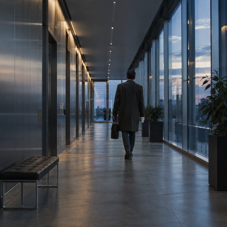 Person walking down a corridor toward a glass door, representing the Gemini 4 Argon launch at Google DeepMind.