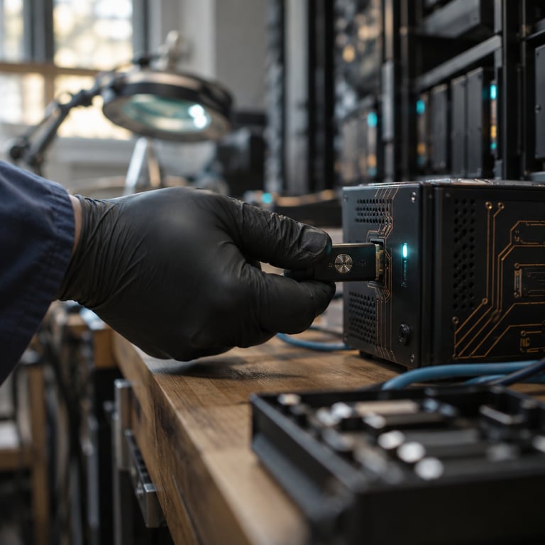 A hand inserting a security key into a hardware module on a lab bench with teal lights and copper circuits.