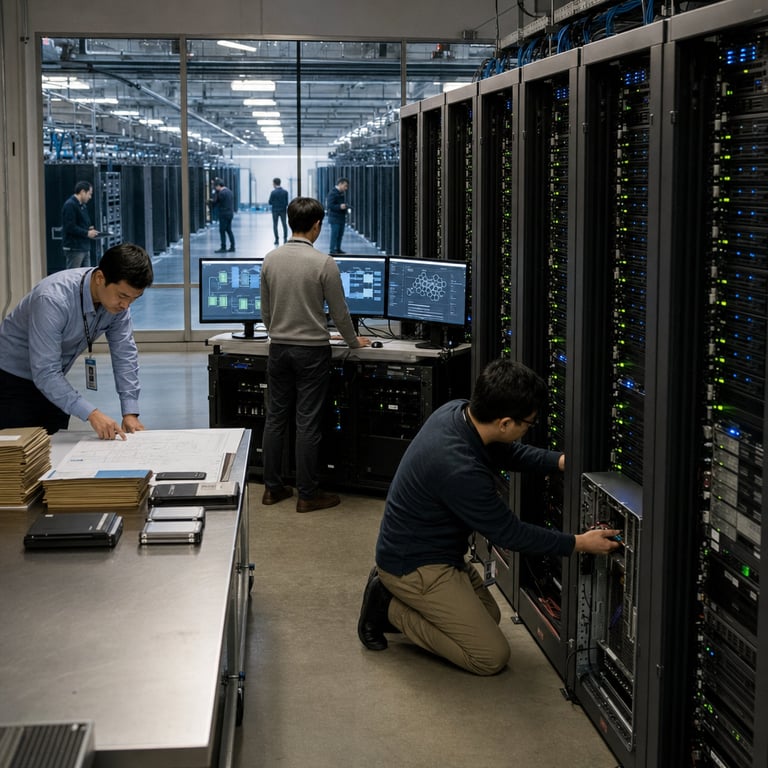 Inside a expansive corporate technology facility dedicated to frontier artificial intelligence infrastructure a group of anonymous technicians wearing standard business casual clothing and identification badges work methodically around multiple rows of tall black server racks identified as MCP servers with indicator lights blinking steadily in green and blue patterns while one technician stands at a central workstation composed of three large flat panel monitors displaying complex abstract graphical interfaces that represent managed agent orchestration systems for Gemini including layered visualizations of file upload pathways and encrypted credential storage modules without any readable characters or symbols present on the screens another technician kneels beside an open server chassis inserting a small secure hardware token into a port to demonstrate credential registration processes nearby a long metal table holds stacks of physical document folders and external storage drives arranged to symbolize file management capabilities from the new Files API a third technician reviews printed schematic diagrams spread across the table surface while pointing toward a cluster of cooling fans and cable bundles that connect to additional racks representing Gemini 3.8 Flash and Gemini 3.5 Flash model deployments in the background through large glass partitions a wider view reveals an entire data hall filled with identical server arrays under even overhead illumination with subtle reflections on polished concrete floors and distant figures moving between aisles carrying portable diagnostic tablets the overall environment conveys a professional engineering setting focused on the September 2026 release of antigravity-preview-09-2026 for Gemini managed agents where enhancements to caching mechanisms appear implied through organized cable management systems and efficient workspace layouts that reduce operational complexity on intricate multi step workflows all elements remain strictly hardware and human activity based with no visible branding logos text numbers or interface overlays ensuring the scene captures the introduction of Files API and Credentials API tools alongside cost efficient caching features that maintain existing pricing structures for complex agent based operations in a realistic live action photojournalistic style grounded entirely in the physical presence of computing hardware secure access devices and collaborative technical activity within the facility