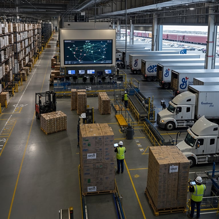 A vast General Mills distribution warehouse interior filled with rows of stacked pallets holding branded cereal boxes and packaged food products ready for shipment. In the foreground multiple semi-trailer trucks are backed up to loading docks where anonymous workers in safety vests and hard hats move standardized shipping containers using forklifts. Mid-ground shows a logistics command area with several computer workstations displaying maps and route diagrams without any visible text or numbers. A large wall-mounted digital display board shows abstract flow lines representing optimized shipment routes across a network diagram. Pallets labeled with generic product codes are being scanned by handheld devices held by back-turned operators. The background reveals an expansive loading yard with additional trucks lined up under open bay doors and distant rail cars. Shelving units stretch into the distance stocked with inventory boxes organized by destination zones. The overall environment includes concrete floors with painted directional markings, overhead ventilation ducts, and safety barriers around active work zones. Workers appear focused on coordinating the movement of over five thousand daily shipments through efficient pathways. The scene emphasizes supply chain modernization elements such as automated conveyor sections feeding into truck beds and centralized monitoring stations. No people are shown with identifiable faces or performing specific actions beyond generic logistics tasks. The setting conveys large-scale operational efficiency tied to cost reduction targets through visible scale of operations and coordinated activity between human operators and digital interfaces. Pallets and containers are arranged in patterns suggesting systematic routing. The warehouse architecture features high ceilings with exposed steel beams and wide aisles allowing simultaneous movement of multiple vehicles and personnel. This illustrates Project ELF optimization applied to real-world freight handling and Holistic Margin Management practices within a major food production supply chain.