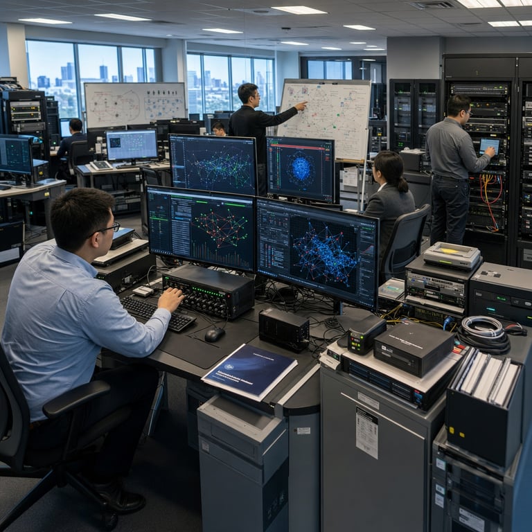In a modern enterprise cybersecurity operations center inside a large corporate office building multiple anonymous professionals wearing neutral business casual clothing are positioned around a central cluster of desks equipped with extensive arrays of computer hardware including tower servers rack mounted units network switches routers and bundles of multicolored ethernet cables connected to wall panels and floor conduits the professionals are engaged in collaborative examination of abstract graphical displays on oversized monitors that visualize generative artificial intelligence outputs for threat simulation exercises anomaly detection patterns and automated response workflows one analyst seated at the left desk leans forward adjusting a hardware interface dial on a control module linked to simulation engines while another standing figure gestures toward a screen area highlighting irregular data flow representations a third professional reviews hardware diagnostic panels on a nearby server rack with visible ventilation grilles and status indicator lights the room layout includes additional rows of workstations holding peripheral devices such as external hard drives backup tape units and uninterruptible power supply boxes along with secure locked cabinets for equipment storage overhead fluorescent panels illuminate the space evenly revealing acoustic wall panels and large windows showing an adjacent city skyline with distant office towers the environment incorporates dense arrangements of cooling fans humming softly near processor units cable management trays running along desk edges and reference binders stacked on side tables the professionals exhibit focused postures with one individual typing on a keyboard connected to a generative model training station another examining network topology boards mounted on easels the overall composition centers on the integration of advanced computational hardware within an operational setting dedicated to enterprise strategies for managing cybersecurity risks through artificial intelligence applications including simulation of potential intrusion vectors detection of behavioral deviations in system logs and orchestration of response mechanisms the scene extends to background elements such as additional server aisles with blinking diagnostic lights organized cable pathways under raised flooring and wall mounted diagrams of enterprise network architectures without any readable markings the collective activity underscores practical deployment of these technologies in a real world corporate facility emphasizing hardware centric workflows and team based analysis of adoption considerations drawn from industry analyses by organizations focused on technology research standards development and security solutions the detailed foreground captures hand positions on input devices screen bezels reflecting subtle ambient light server chassis with ventilation slots and interconnected components forming a cohesive representation of operational environments where generative capabilities enhance defensive postures against evolving digital threats through structured simulation anomaly identification and response automation the composition maintains a single continuous perspective encompassing all elements from the clustered analysts to the extended hardware infrastructure and distant architectural features of the building interior ensuring comprehensive coverage of the enterprise context for cybersecurity innovation