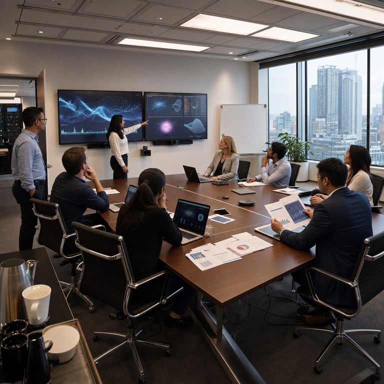 A modern corporate conference room in a high-rise office building features a long polished wooden table surrounded by business professionals in business casual attire seated in ergonomic chairs all facing toward multiple large flat-screen monitors mounted on the wall displaying abstract graphical interfaces representing generative AI outputs such as synthesized charts patterns and data visualizations without any visible text or numbers the professionals include a mix of men and women of diverse ethnic backgrounds with some standing and gesturing toward the screens while others sit with laptops open showing similar AI-generated enterprise application dashboards one individual points at a monitor illustrating productivity metrics in a generic symbolic form another reviews printed reports on the table with graphs and tables the room includes large windows revealing a city skyline background with neutral lighting from overhead fixtures potted plants in corners a whiteboard with erased markings a coffee carafe and cups on a side table along with subtle elements like server racks visible through an open door in the background symbolizing enterprise IT infrastructure the overall atmosphere conveys evaluation and discussion of generative AI systems for business operations with early-stage adoption indicated by the focused yet exploratory body language of the anonymous figures engaged in collaborative analysis of how AI synthesizes original outputs from learned data patterns leading to potential productivity gains across departments the scene captures the essence of enterprises assessing tools associated with organizations such as McKinsey & Company Deloitte and Salesforce in real-world settings emphasizing hardware like laptops monitors and networking equipment in a professional environment without any specific logos or identifiers present on objects or clothing the details extend to the texture of the wooden table the fabric of the chairs the arrangement of cables under the table the subtle reflections on the screens the varied postures of the seated and standing individuals the arrangement of documents scattered on the table surface the presence of additional generic office elements like filing cabinets and bookshelves in the periphery all contributing to a dense representation of an enterprise environment actively exploring generative AI applications for economic and operational benefits in the initial phases of integration
