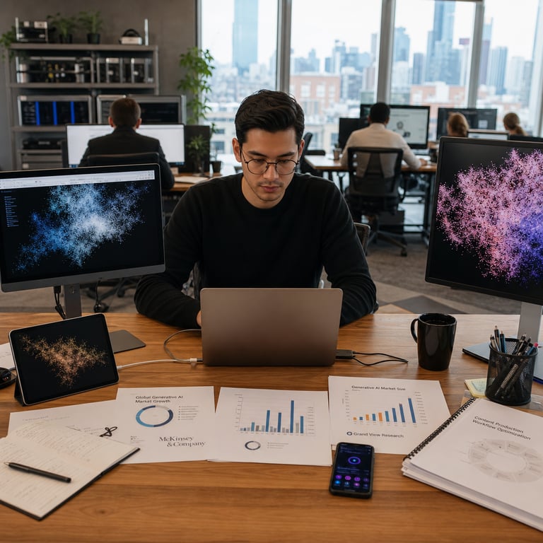 A professional content producer sits at a spacious wooden desk in a contemporary open-plan office environment filled with natural light from large windows overlooking an urban skyline. The individual is positioned centrally facing forward with hands resting on a sleek laptop keyboard while multiple additional devices including tablets and external monitors are arranged around the workspace displaying abstract visual outputs generated by machine learning systems. On the desk surface there are scattered printed documents with charts and graphs illustrating market expansion data from research firms along with notepads containing handwritten notes about efficiency improvements in creative workflows. Nearby on the desk a smartphone shows interface elements associated with conversational artificial intelligence platforms and image synthesis applications from major technology developers. The background features additional anonymous office workers seated at their own stations engaged in similar tasks with their backs turned to the camera ensuring no identifiable faces appear. Shelves along the wall hold physical hardware components such as servers and storage units symbolizing large scale dataset training infrastructure. The overall setting includes modern ergonomic chairs potted plants and neutral toned decor emphasizing a productive collaborative atmosphere dedicated to content creation across industries. Details include the texture of the wooden desk grain the fabric weave of the office chair the precise arrangement of cables connecting devices the subtle reflections on screen surfaces showing non textual generative patterns the variety of office supplies like pens and folders organized neatly and the distant view of city buildings through the windows all contributing to a grounded realistic depiction of how generative artificial intelligence tools integrate into daily professional routines for producing original material. The composition captures the essence of rapid market growth driven by companies specializing in advanced models such as those from OpenAI including applications like ChatGPT DALL-E Google Gemini and Microsoft Copilot alongside analytical insights from McKinsey and Company and Grand View Research highlighting broad adoption in content production sectors without any specific branding visible on objects.