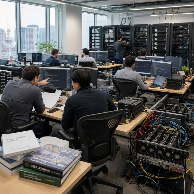 Inside a spacious modern technology research laboratory filled with rows of high-performance computing workstations and server racks the scene shows multiple anonymous engineers seated at long shared tables each focused on their individual tasks with backs and sides visible to the viewer the engineers wear neutral colored casual business attire such as button-down shirts and sweaters in shades of gray blue and black the tables hold arrays of thin-bezel computer monitors displaying dense lines of programming interfaces alongside external hard drives stacked in neat towers thick bundles of colorful Ethernet cables snake across the surfaces connecting to visible graphics processing units mounted in open chassis frames on the floor large metal server cabinets with transparent doors line the back wall revealing rows of densely packed circuit boards and cooling fans in constant subtle motion through the glass panels natural daylight streams in from tall windows overlooking an urban skyline creating soft even illumination across the entire workspace one engineer gestures toward a central monitor while another reviews printed technical documents spread out on the table a third adjusts connections on a rack-mounted system with multiple power supply units visible nearby scattered across the workspace are reference books on artificial intelligence architectures and evaluation reports from independent testing organizations along with small potted plants and ergonomic office chairs the overall environment conveys collaborative development of advanced open-weight mixture of experts architectures featuring massive parameter counts and extended context handling capabilities through the presence of interconnected hardware clusters and shared coding stations that emphasize long-horizon software engineering workflows the laboratory features clean white walls with subtle acoustic panels modular furniture arrangements and organized cable management systems underfoot the floor shows polished concrete with subtle reflections from overhead lighting fixtures distant background elements include additional workstations with dual monitor setups and wall-mounted whiteboards covered in abstract diagrams without any legible markings the composition centers on the human interaction with the physical computing infrastructure representing the practical implementation and benchmarking of frontier level models released under permissive licensing terms to the broader developer community via public repositories the engineers appear engaged in sustained analytical work with laptops open beside desktop terminals and auxiliary storage arrays emphasizing the scale and complexity of training and inference operations for models that achieve competitive results on extended coding tasks the entire space feels active and purposeful with subtle details like charging cables for mobile devices resting near keyboards ergonomic keyboard trays extended outward and ventilation grilles on the server units indicating active thermal management all elements combine to form a single cohesive live action view of real world artificial intelligence research infrastructure dedicated to the advancement of large scale open models.
