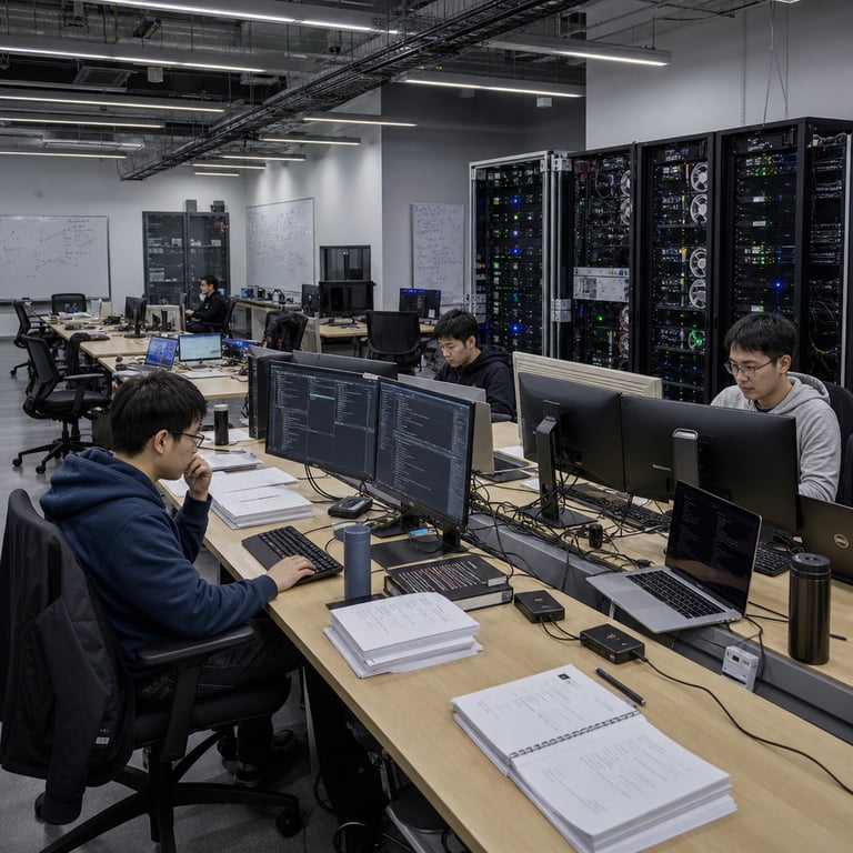 Inside a spacious modern technology research laboratory belonging to an artificial intelligence development organization rows of anonymous engineers sit at long shared work tables each equipped with multiple flat screen monitors ergonomic keyboards mice and external hard drives connected by thick bundles of cables server racks filled with graphics processing units and cooling fans stand along the back walls with status indicator lights glowing steadily stacks of printed technical reports notebooks pens and reference binders occupy the table surfaces alongside reusable water bottles and closed laptop computers one engineer reviews output from post training sessions applied to a base artificial intelligence model to enhance its performance on programming tasks another engineer monitors terminal based evaluation environments that test cybersecurity skills through simulated network defense scenarios and exploit identification exercises a third engineer configures parameters on a central workstation linked to benchmark suites for code generation accuracy and automated security analysis the laboratory contains additional hardware such as network switches storage arrays and diagnostic tools laid out on side tables with cables neatly organized in cable management trays the engineers wear casual professional attire and maintain focused postures while interacting with their equipment the workspace includes whiteboards covered in abstract diagrams and flowcharts without any readable markings collaborative discussion areas with empty chairs arranged around low tables and storage cabinets holding spare components and archival boxes the entire setting emphasizes the methodical process of refining artificial intelligence systems for advanced coding proficiency and cybersecurity applications through iterative post training methods on prior model foundations while preparing for controlled phased release procedures to address dual use concerns the scene captures the tangible infrastructure of model development including power distribution units ventilation grilles and organized workspaces that support rigorous testing on specialized platforms for terminal command execution code benchmarking and vulnerability assessment tasks engineers occasionally reach for reference materials or adjust cable connections demonstrating hands on engagement with the physical and digital elements of frontier model advancement in a secure professional environment dedicated to responsible innovation in machine learning technologies