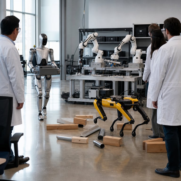 In a spacious modern robotics laboratory with polished concrete floors and tall windows allowing soft daylight to illuminate the space a Boston Dynamics Spot quadruped robot with its distinctive yellow and black body stands alert in the foreground its articulated legs positioned precisely around scattered wooden blocks and metal pipes forming an obstacle course on the floor while two Franka F3 Duo dual robotic arms mounted side by side on a stainless steel workbench coordinate their movements one arm gripping a cylindrical metal part and the other extending to align it with millimeter accuracy demonstrating advanced spatial reasoning another Apptronik Apollo 2 humanoid robot with its sleek white and silver torso walks steadily from the left side toward the center holding a large rectangular component in its hands ready to place it onto a shared assembly platform several anonymous technicians wearing plain white lab coats and clear safety goggles stand at the edges of the room with backs or sides facing the viewer observing the ongoing multi-robot coordination task without any direct intervention the background shows additional industrial shelving units holding unlabeled equipment cases neatly arranged cables running along the walls and a large open floor area where the robots interact in a synchronized manner the Spot robot scanning the terrain ahead the Franka arms performing delicate insertions and the Apollo 2 navigating around the central workspace the entire scene captures a live action moment of multiple distinct robotic platforms operating together in a controlled real world research facility environment focused on the capabilities of the newly previewed Gemini Robotics ER 2 system the lighting is even and natural highlighting the metallic surfaces of the robots the textures of the lab coats the smooth floor reflections and the precise positioning of objects without any text logos or markings visible anywhere the composition emphasizes the integration of quadruped bipedal and stationary arm robots working in concert to complete a complex spatial task illustrating the practical application of enhanced robotic intelligence in a professional laboratory setting with every detail from the joint actuators on the Spot legs to the gripper fingers on the Franka arms and the balanced posture of the Apollo 2 conveying a truthful photojournalistic record of frontier robotics development involving entities such as Google DeepMind Boston Dynamics Apptronik and Franka in a single cohesive frame that avoids any artificial elements or compositing