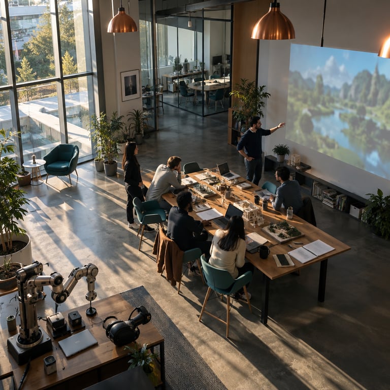 Researchers at Google DeepMind's lab discuss the Genie 4 world model in a sunlit room.