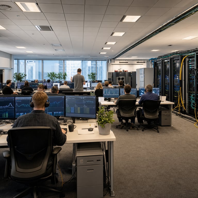 Inside a large open-plan technology development facility with rows of identical desks arranged in parallel lines under even overhead lighting an anonymous group of professionals in business casual attire sit at workstations facing multiple flat panel monitors displaying complex graphs charts and data visualizations without any visible text or labels on the screens or anywhere else in the environment the figures are shown from behind or in profile with no distinguishable facial features or identities to represent collaborative work on advanced artificial intelligence systems from major organizations one section of the room features server racks with blinking indicator lights and neatly bundled cables running along the floor and walls while another area shows cooling units and power distribution equipment all contributing to an atmosphere of focused technical advancement the professionals gesture toward their screens or discuss with colleagues using hand movements and body language that convey analysis of performance metrics efficiency improvements and cost reductions in model development the environment includes typical office elements such as ergonomic chairs adjustable desk heights filing cabinets with closed drawers potted plants for subtle decoration and windows revealing an urban cityscape outside to ground the scene in a real-world corporate research setting the overall composition emphasizes the hardware infrastructure supporting frontier artificial intelligence efforts including dense clusters of computational units and networking components that symbolize the push toward higher performance at lower operational costs with individuals appearing engaged in tasks related to model optimization and testing cycles the scene avoids any symbolic or abstract elements focusing instead on tangible objects like keyboards mice headsets scattered papers with blank surfaces and coffee mugs on desks to create a believable photojournalistic capture of daily operations in the field of efficient large-scale model releases by leading technology entities the arrangement of people and equipment suggests parallel workflows occurring simultaneously in the shared space highlighting industry-wide anticipation for upcoming advancements through realistic details such as varied postures from seated typing to standing discussions cable management trays under desks and ventilation grilles on the ceiling contributing to the functional atmosphere of a high-stakes development environment dedicated to pushing boundaries in artificial intelligence capabilities while maintaining operational efficiency across multiple teams working in proximity without any barriers separating them the lighting is uniform and natural from both artificial sources and daylight filtering through blinds creating soft shadows that add depth to the composition and the overall visual narrative centers on the intersection of human expertise and sophisticated hardware setups emblematic of recent progress in delivering powerful yet economical frontier models from prominent organizations in the sector.