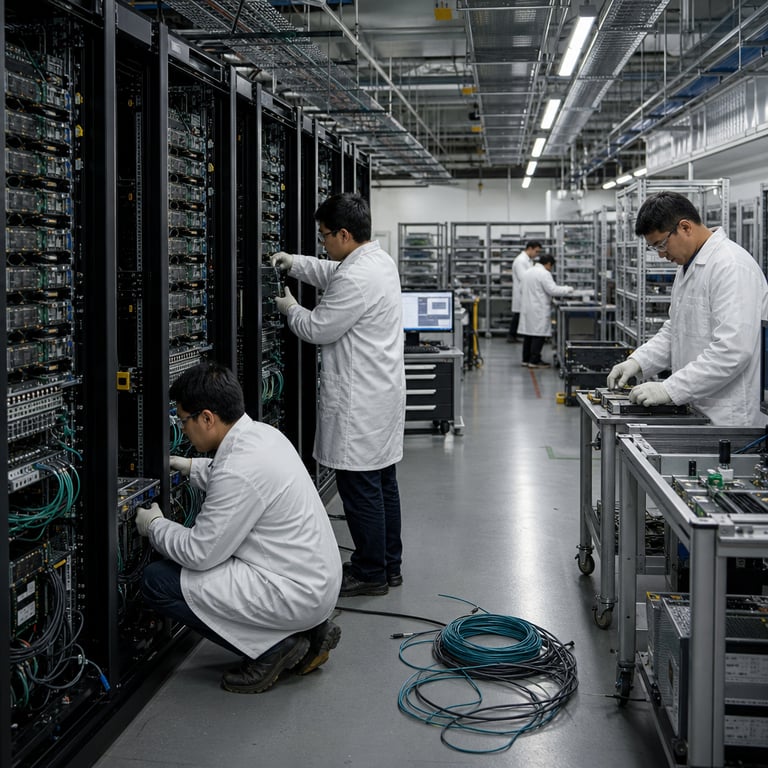 Inside a vast corporate data center facility operated by a major technology company a team of anonymous technicians wearing standard white lab coats and protective gloves methodically inspect rows of tall black server racks filled with densely packed circuit boards networking modules and cooling fans the foreground shows one technician kneeling to connect thick bundles of fiber optic cables to a central processing unit tray while another stands nearby adjusting a modular hardware component on an open chassis panel in the midground multiple identical server racks extend into the distance their interiors revealing layered motherboards with visible heat sinks and memory modules arranged in precise grids the background features industrial metal shelving units holding spare parts and diagnostic tools alongside large ventilation ducts running along the ceiling the entire space conveys organized technical activity focused on hardware optimization and system maintenance with several technicians examining portable diagnostic tablets displaying abstract graphical interfaces without any readable content the scene includes scattered Ethernet cables coiled on the floor rolling equipment carts loaded with replacement parts and wall mounted panels covered in indicator lights and ports the composition centers on the interaction between human operators and the physical infrastructure of high density computing equipment symbolizing advancements in efficient model deployment for specialized applications such as automated security analysis and workflow automation the technicians exhibit focused postures with one using a handheld scanner over a rack component another reviewing connections at eye level and a third organizing components on a nearby workbench the environment features uniform gray flooring reflective metal surfaces and structured cabling pathways that emphasize scale and precision in enterprise level technology operations this detailed setting illustrates the rollout of an updated artificial intelligence system variant optimized for reduced computational overhead in agentic processes alongside a dedicated cybersecurity edition while highlighting ongoing infrastructure support activities in a professional non public corporate setting without any depiction of specific individuals or branded markings