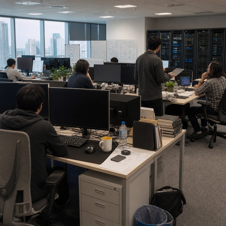 In a spacious modern technology workspace with rows of identical ergonomic desks arranged in an open floor plan layout multiple anonymous software developers wearing casual business attire sit facing computer workstations each equipped with dual large flat panel monitors connected to compact desktop towers and external keyboards with visible keycaps and trackpads along with wired mice resting on mousepads some developers lean forward typing on keyboards while others review printed documents spread across desk surfaces featuring technical diagrams of workflow automation sequences and agent based task structures one developer stands near a central table holding a tablet device gesturing toward a colleague seated opposite both figures shown from back and side angles to maintain anonymity the table surface holds additional laptops in closed and open positions stacks of reference books on programming methodologies tangled cables connecting various hardware peripherals and small potted plants providing subtle greenery in the foreground a large window reveals an urban cityscape with distant buildings under daylight conditions in the midground several server rack cabinets with visible ventilation grilles and indicator lights stand against a neutral colored wall symbolizing cloud computing infrastructure the overall environment includes standard office elements such as adjustable office chairs with mesh backs wheeled bases and armrests waste bins positioned beside desks water bottles and coffee mugs on desk corners file folders organized in trays and wall mounted whiteboards covered in abstract non textual sketches representing system architectures the scene captures a collaborative atmosphere focused on coding agent development with individuals engaged in tasks related to code quality assessment and automation scripting without any readable content visible on screens or documents the workspace conveys a professional setting associated with advanced AI model utilization through the presence of multiple computing devices and team interactions emphasizing practical application in software engineering contexts the composition includes varied body postures including seated positions with arms extended toward input devices standing figures with hands on hips and one individual adjusting a monitor stand the flooring consists of neutral carpet tiles with subtle patterns the ceiling features recessed panels and air vents contributing to a functional interior the entire view presents a single cohesive live action photograph of real world technology professionals working in a shared environment dedicated to AI related coding projects involving agent customization and benchmark driven improvements in code automation the details extend to precise placements of objects such as USB drives on desks external hard drives connected via cables headphone sets draped over chair backs and notepads with blank pages alongside pens the developers exhibit diverse generic appearances including varied hair lengths and clothing styles like button down shirts hoodies and jeans all figures remain unidentifiable with faces obscured or turned away from view emphasizing the collective effort in developing features for AI coding agents through Gemini API integrations and related tools from Google DeepMind environments the scene grounds the narrative in tangible hardware and human activity within a Google AI Studio inspired professional space highlighting the release of Gemini 3.7 Flash and Gemini Spark elements through contextual symbols of advanced computational work without direct representation of any branded items or textual identifiers.