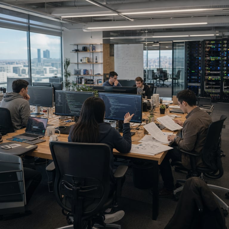 Inside a spacious open-plan technology office at a major internet company headquarters a team of anonymous software engineers works intently at long wooden desks equipped with multiple thin-bezel monitors keyboards ergonomic chairs and scattered notebooks while server racks with blinking indicator lights line the far wall representing advanced AI infrastructure supporting model updates a woman with her back to the viewer gestures toward a colleague across the table as they review lines of code on screens illustrating measurable improvements in software engineering tasks another engineer seated nearby examines workflow documents related to legal processes with printed charts and diagrams spread out on the desk surface coffee mugs potted succulents and charging cables add everyday details to the realistic workspace large windows reveal an urban skyline in soft daylight emphasizing the collaborative environment where developers test new coding capabilities at reduced computational costs the scene includes background elements such as whiteboards with abstract diagrams without any legible markings stacks of reference books on shelves and a distant view of a conference room with empty chairs suggesting ongoing team discussions about benchmark gains and developer feedback integration the overall composition focuses on hardware like high-performance laptops connected to external drives and network cables symbolizing efficient token processing and half-price introductory access extending through future years engineers appear focused and productive with varied casual attire including hoodies and button-down shirts capturing the real-world impact of an AI model release that enhances coding accuracy and legal document analysis tasks in a professional setting filled with subtle technological symbols such as router lights and ventilation systems typical of data-intensive research facilities the detailed environment conveys a grounded photojournalistic moment of innovation adoption without any visual text or identifiable individuals
