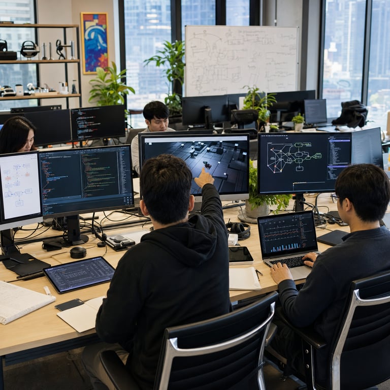 In a contemporary technology workspace located in a bustling urban innovation hub a diverse group of anonymous software developers and engineers are engaged in collaborative work on advanced artificial intelligence projects focused on creating intelligent coding assistants and autonomous agents the setting features clean white desks arranged in a collaborative layout with ergonomic chairs multiple high-resolution computer monitors on each workstation displaying intricate diagrams of neural network architectures flowcharts for agent decision-making processes and lines of programming code for developing AI-driven applications one developer viewed from behind to maintain anonymity is gesturing towards a central screen that illustrates a simulation of an AI agent navigating through a virtual environment to complete complex coding tasks nearby another individual is typing on a keyboard while reviewing benchmark comparison charts that highlight performance improvements in model efficiency and speed without any visible labels or numbers the room is filled with subtle technological elements such as wireless charging pads notebooks with sketches of system designs and various electronic gadgets like tablets showing interactive interfaces for testing agent behaviors the atmosphere conveys a sense of focused innovation and rapid development in the field of frontier artificial intelligence models with the team working diligently to integrate new features into their projects aimed at closing gaps in agentic intelligence capabilities additional details include potted plants adding a touch of greenery to the space large windows allowing natural light to illuminate the area revealing cityscapes outside and shared whiteboards with abstract drawings representing AI concepts and agent workflows the developers are dressed in casual professional attire including hoodies jeans and button-down shirts emphasizing the informal yet productive environment typical of tech companies pushing boundaries in machine learning and software engineering objects on the desks include sleek laptops connected to external displays wireless mice and headphones all contributing to the immersive scene of hands-on development work the overall composition captures the essence of a dedicated team advancing the state of the art in AI technology through practical coding sessions and iterative testing of intelligent systems designed for real-world applications in programming assistance and autonomous task execution further elements in the scene encompass organized cable management systems under the desks stacks of reference materials with blank covers ergonomic keyboard trays adjustable monitor arms and collaborative seating arrangements where individuals lean in to discuss visual representations of model training pipelines and agent orchestration frameworks the workspace includes background elements like modern shelving units holding generic hardware prototypes and abstract art pieces symbolizing connectivity and computation the lighting is even and functional highlighting the concentration on screens showing layered visualizations of data flows for AI agent decision trees and code generation modules without any textual overlays the scene emphasizes the human element of innovation with hands actively manipulating input devices and eyes focused on evolving digital prototypes that represent cutting-edge progress in scalable efficient AI solutions for developer tools and autonomous systems the collective activity portrays a snapshot of industry efforts to enhance model capabilities through hands-on experimentation and refinement in a shared professional setting dedicated to advancing computational intelligence.