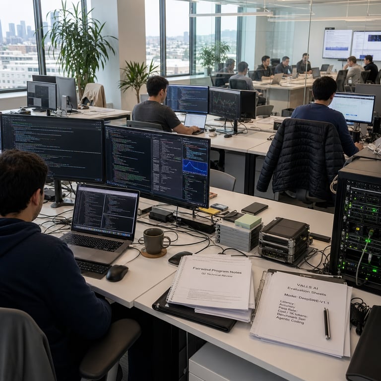 A spacious open-plan technology research office inside a large modern building features multiple rows of clean white desks equipped with high-end laptop computers and external monitors displaying complex lines of programming code alongside data visualization charts and performance graphs related to artificial intelligence model evaluations. Several anonymous professionals in casual business attire sit at the desks with their backs or sides facing the viewer focusing intently on their screens where one central workstation shows an active coding environment running agentic software development tasks with multiple open terminal windows and browser tabs indicating benchmark testing sessions for efficient language models. On a nearby desk rests a stack of technical documents and notebooks labeled with project references including fairwind program notes and vals ai evaluation sheets while another area holds hardware components such as server racks with blinking indicator lights representing distributed computing resources for deepswe v1.1 experiments. In the background through large glass partitions a collaborative meeting space contains a long conference table surrounded by generic figures engaged in discussion with tablets and additional laptops visible showing interfaces from the harvey legal agent benchmark alongside gemini 3.8 flash cyber simulation results. The environment includes subtle elements like potted plants natural daylight streaming through windows and organized cable management systems emphasizing a productive high-tech workspace dedicated to advancing frontier artificial intelligence capabilities from google deepmind teams. Additional details include ergonomic office chairs scattered jackets on chair backs half-empty coffee mugs on coasters wireless keyboards and mice precise arrangement of multiple external hard drives connected via cables and a distant view of city skyline visible through the windows grounding the scene in a real-world silicon valley style research facility where competitive yet cost-effective ai models are being rigorously tested against more expensive alternatives in agentic coding reasoning and specialized domain applications without any visible text logos or branding elements on any surfaces.