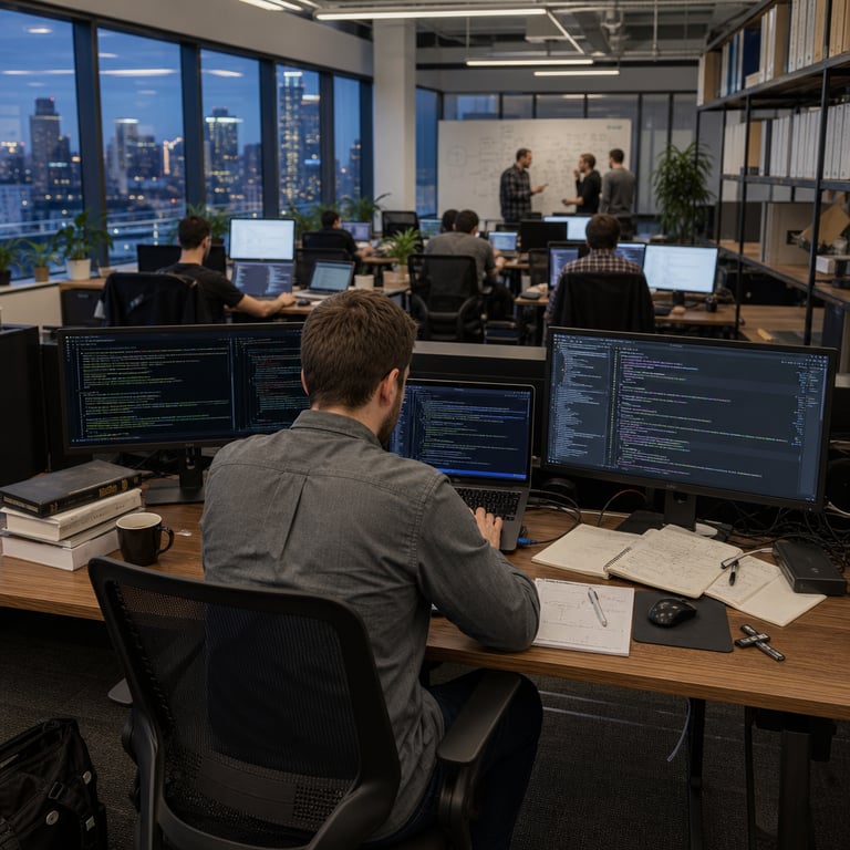 In a modern open-plan technology office with floor-to-ceiling windows revealing a city skyline at dusk, an anonymized software engineer with short brown hair wearing a plain gray button-down shirt and dark jeans sits centered at a spacious wooden desk equipped with a laptop computer and two external monitors displaying dense lines of structured programming code for long-horizon software engineering projects involving autonomous agent systems, the engineer leans forward with hands positioned on the keyboard actively composing complex algorithmic sequences while surrounded by scattered technical reference books, spiral notebooks containing handwritten flowcharts and pseudocode diagrams, multiple USB drives, and a wireless mouse on a mousepad, the workspace includes ergonomic office chairs, additional desks in the midground where other generic professionals in casual attire work similarly at their stations on parallel coding tasks emphasizing rapid iteration and resource-efficient development, potted green plants line the window sills adding natural elements to the environment, overhead shelves hold rows of programming manuals and technical binders without any markings, networking cables and external storage devices rest neatly organized on side tables, the overall composition highlights focused collaborative productivity in a clean well-lit setting that underscores the advantages of high-speed cost-effective tools for building sophisticated autonomous software solutions in frontier artificial intelligence applications, the scene features subtle background details such as a whiteboard with abstract diagrams erased partially, coffee mugs on coasters, and ambient indoor lighting creating soft shadows across the hardware setups, all elements arranged to portray a realistic live-action moment of software development emphasizing sustained engineering efforts and accessible introductory frameworks without any logos text or identifiers visible anywhere in the frame, extending the view to include distant figures engaged in discussion over shared screens illustrating team-based approaches to agent autonomy and coding efficiency in contemporary tech workspaces dedicated to advancing model capabilities through practical hands-on implementation.