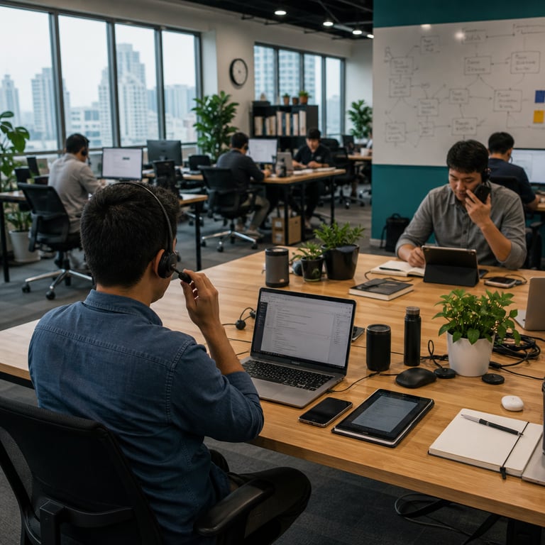 A realistic live-action photograph of a spacious modern open-plan technology office workspace with large windows overlooking an urban skyline during daytime featuring multiple anonymous professionals seated at long wooden desks arranged in rows each desk holding several computer monitors laptops tablets and smartphones with visible cables and peripherals one individual in the foreground wearing casual business attire with back turned to the camera speaking directly into a wireless headset microphone connected to an open laptop another person at an adjacent desk simultaneously using voice input on a smartphone while viewing content on a separate tablet suggesting background tool use and parallel reasoning tasks further in the midground additional figures engage with desktop computers and voice assistants through headsets while referencing physical notebooks and documents scattered across the surfaces the office environment includes ergonomic office chairs potted green plants on desks and floor shelves stocked with technical reference books stacks of hardware components such as external microphones speakers and charging stations whiteboards displaying abstract flowcharts and diagrams without legible content coffee mugs water bottles and pens distributed on tabletops the overall composition shows integration of voice-based AI interactions with search and workspace productivity tools through real-time speech exchanges among the figures all individuals anonymized with faces obscured or turned away no logos or markings visible on any devices the scene grounded in a collaborative setting illustrating advanced audio model applications for speech-to-speech quality and agentic benchmarks with multiple simultaneous activities occurring across the room including one figure adjusting settings on a device while another records notes on paper the detailed textures of wooden desk surfaces fabric upholstery on chairs plastic and metal casings of electronic gadgets varied clothing materials like cotton shirts and denim jeans the spatial arrangement of furniture creating pathways between desks and the presence of additional elements such as wall-mounted clocks abstract artwork on walls and distant views of city buildings through the windows all contributing to a dense portrayal of a professional environment focused on Gemini model capabilities in live voice agent scenarios.