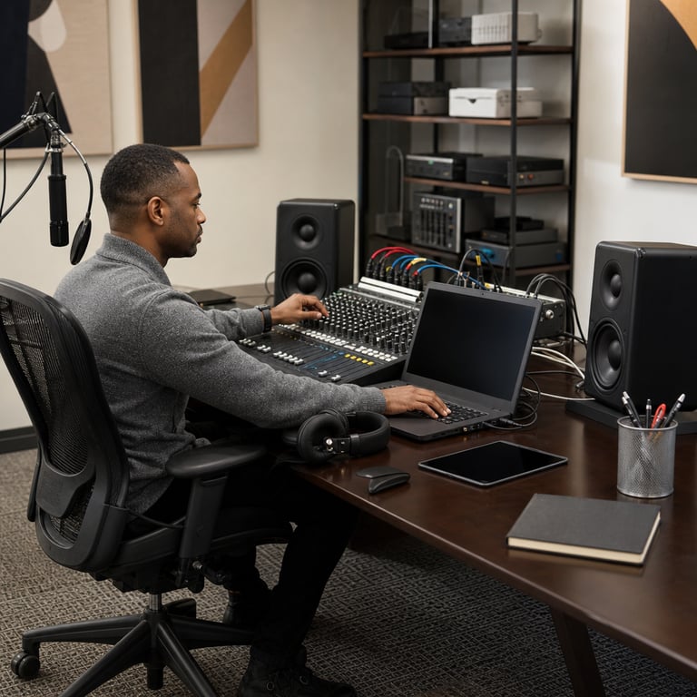 In a modern technology office environment a person is seated at a large desk made of dark wood the desk holds an open laptop computer with a black frame next to the laptop is a pair of black over ear headphones there is an audio mixing console with numerous physical controls such as knobs sliders and buttons all in shades of gray and black cables connect the mixing console to the laptop a pair of studio monitor speakers sit on either side of the desk a microphone stands on a stand to the left the person is wearing a gray sweater and black pants their right hand is on the mouse and left hand near the keyboard the background shows shelves with books and electronic equipment additional items include a tablet device lying flat on the desk surface the floor has a carpet in neutral tones the walls are painted white with some framed abstract art pieces without any writing the person appears focused on the task of adjusting controls on the audio equipment representing the integration of advanced audio generation capabilities this setup illustrates the use of the music model within the platform allowing for full length tracks the environment includes multiple monitors but the screens are not showing any content with text various cables and connectors are visible in different colors like blue red and yellow the chair is ergonomic with black mesh material on the desk there are also some pens and a notebook but the notebook pages are blank without any marks the overall arrangement suggests a workspace dedicated to audio production and technology integration for music creation using user controls for parameters like style and length the desk surface is smooth and polished reflecting the surrounding objects the laptop has ports on its sides with cables plugged in the headphones have soft ear cushions and a padded headband the mixing console features rows of faders in a linear arrangement the speakers have black grilles covering the drivers the microphone has a cylindrical body mounted on a flexible arm the person has short hair and is sitting upright with elbows resting on the armrests the shelves in the background hold stacked boxes and devices with rounded edges the tablet has a thin bezel and lies next to a wireless mouse the carpet shows a subtle pattern of interlocking shapes the framed art pieces display geometric forms in muted colors the cables snake across the desk in organized bundles the ergonomic chair has adjustable height and lumbar support the pens are arranged in a holder made of metal the blank notebook has a hardcover with a textured finish the entire scene conveys a professional setting for exploring audio generation features through hardware interfaces connected to computing devices the audio mixing console includes multiple input channels with gain controls the studio monitors are positioned at ear level for accurate listening the laptop keyboard is visible with keys in standard layout but no labels shown the person manipulates a dial on the console with precise finger movements the background equipment includes rack mounted units with ventilation slots the tablet screen is dark and powered off the carpet extends under the desk legs the walls have subtle texture from paint application the abstract art avoids any representational forms the cables vary in thickness and flexibility the chair wheels are locked in position the pens have different colored caps but no markings the notebook spine is aligned with the desk edge this detailed physical arrangement grounds the illustration in real world hardware and user interaction with audio tools in a technology workspace focused on music model applications for generating complex tracks via integrated platforms
