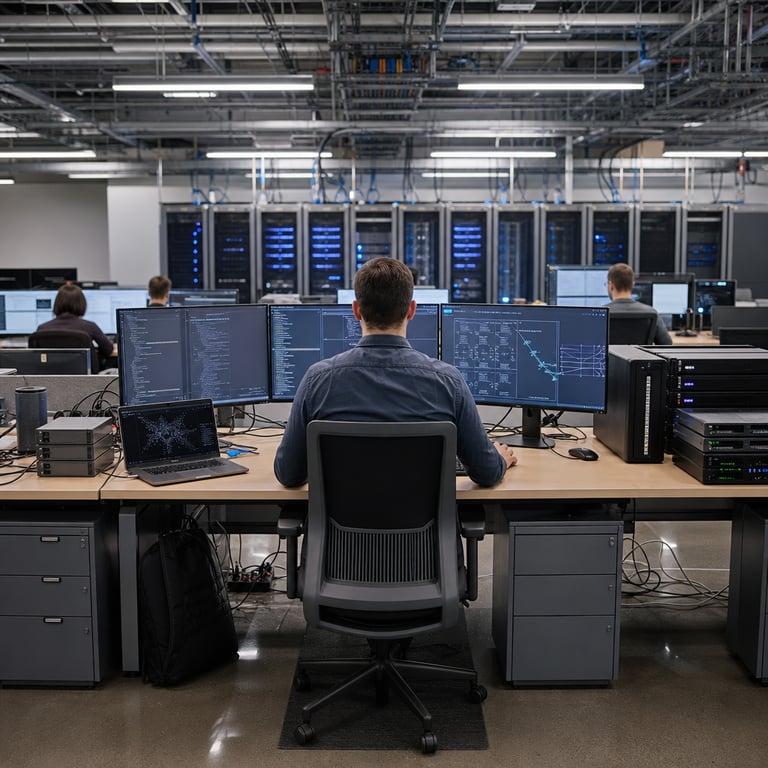 A realistic live-action photojournalistic scene inside a modern open-plan technology workspace featuring multiple anonymous figures working at ergonomic desks with high-end computer hardware including thin-bezel monitors displaying abstract graphical interfaces of code structures security dashboards and optimization charts without any visible letters numbers symbols or markings a back-turned software developer in neutral business casual attire sits centered at the primary workstation with hands positioned on a keyboard and mouse while three distinct hardware clusters occupy the surrounding area one cluster shows a laptop connected to external drives representing efficient coding workflows another cluster displays stacked server units with cooling vents indicating cost-optimized infrastructure and a third cluster features reinforced enclosures with status indicator lights for security analysis tasks the background reveals rows of identical server racks in a climate-controlled room with visible cabling organized in bundles overhead fluorescent lighting casts even illumination across matte-finished desks and neutral-toned partitions the floor includes subtle reflections of the equipment setups and the overall environment conveys collaborative development of advanced AI systems through tangible hardware interactions and focused professional activity with every surface detail including texture of plastic metal and fabric elements precisely rendered to emphasize the grounded real-world deployment of multiple specialized model variants through existing cloud-accessible platforms in a typical enterprise setting.