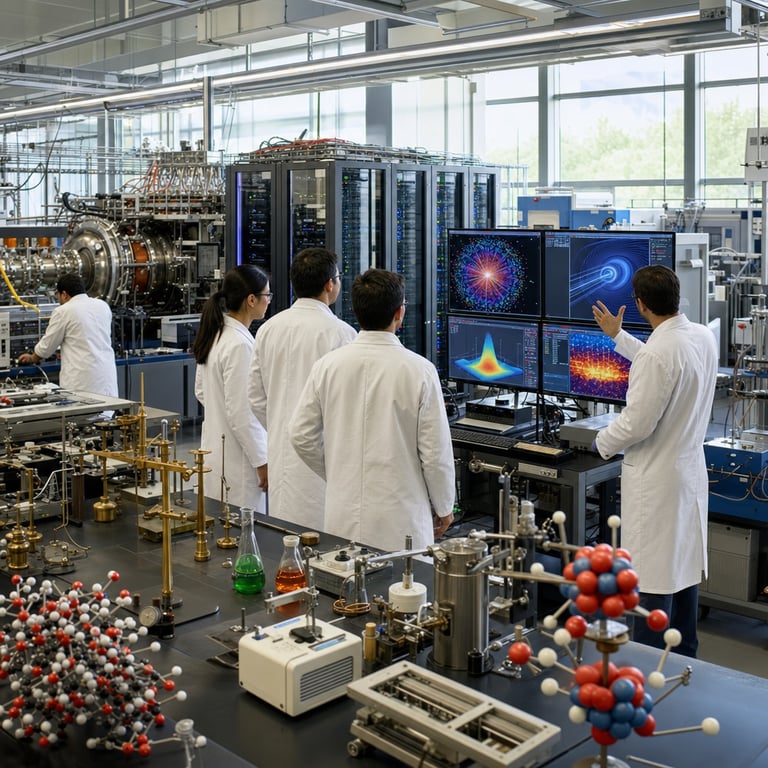 A bustling modern university physics research laboratory interior features multiple anonymous scientists in white lab coats and safety glasses working collaboratively around a large central workbench cluttered with tangible scientific apparatus including brass balances, glass beakers with colored liquids, coiled copper wires, rare-earth magnets, vacuum chambers, Geiger counters, optical benches with lenses and mirrors, and three-dimensional molecular model kits constructed from colored plastic spheres and rods. The scientists stand with backs partially turned toward the viewer or viewed from side angles to remain fully anonymized while gesturing toward a high-performance computing workstation with multiple large flat-panel displays showing only graphical outputs such as colorful scatter plots of particle collision data, three-dimensional renderings of gravitational wave propagation, and heat maps of thermodynamic systems generated during evaluation of complex reasoning tasks. In the mid-ground several tall server racks with visible ventilation grilles and bundled fiber-optic cables represent the computational infrastructure supporting frontier artificial intelligence models including the leading GPT-5.6 Sol variant that outperformed prior GPT-5.5 Pro configurations and rival systems on the CritPt benchmark of unpublished research-level physics problems authored by active scientists. The laboratory background contains additional hardware such as a functioning particle accelerator segment, rows of oscilloscopes with waveform traces, laser interferometry setups on vibration-isolated tables, bookshelves holding thick reference volumes, and large windows admitting bright daylight across the scene. Physical objects on side counters include precision calipers, diffraction gratings, liquid nitrogen dewars, and scale models of atomic nuclei without any markings. The entire composition emphasizes the intersection of experimental physics hardware and AI-driven analysis within an active research environment where the scientists review outcomes from the CritPt evaluation conducted under Artificial Analysis protocols demonstrating measurable gains in handling intricate multi-step physics reasoning challenges. Every element remains strictly real-world and photographable with dense layering of equipment details including cable management trays beneath the tables, safety signage posts without lettering, fume hoods in the distance, and researchers handling physical printouts of data charts that contain only abstract line drawings and symbols rather than any readable content.