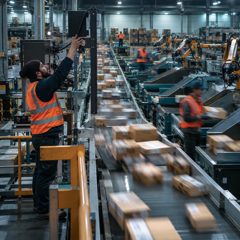 Conveyor belts moving parcels in a logistics hub with a worker adjusting a scanner, referencing OpenAI's GPT-6.1 Terra.