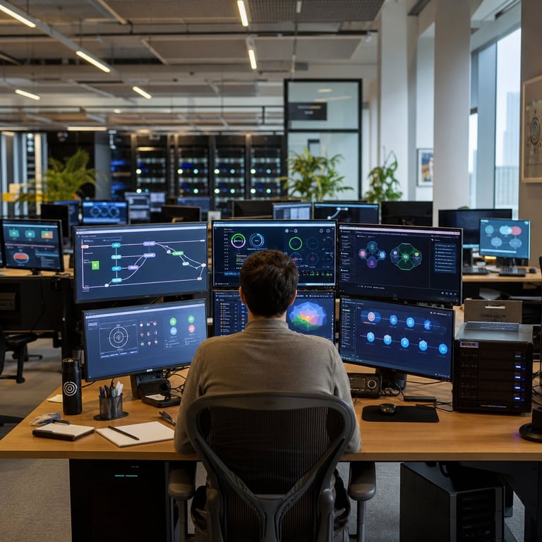 Inside a modern open-plan technology office environment belonging to OpenAI there stands a spacious workstation area featuring multiple large computer monitors arranged on a clean wooden desk alongside ergonomic chairs high-performance desktop towers external storage drives network routers and cables all positioned in a realistic professional layout. An anonymous figure viewed from behind sits at the central desk wearing neutral business casual clothing while the screens display dynamic visual representations of an advanced frontier AI model named GPT-6 Astra performing agentic computer use through autonomous navigation of file folders graphical data processing flows simulated web interactions and security protocol visualizations represented solely by abstract shapes icons and color-coded progress indicators without any visible letters numbers or text. The surrounding office includes additional empty desks with similar hardware setups potted green plants natural daylight streaming through large windows overlooking an urban skyline white acoustic panels on the walls subtle decorative elements like abstract art prints and scattered professional accessories such as pens notepads and water bottles creating a lived-in yet orderly atmosphere that conveys the scale of a major model release. Further in the background rows of server racks with blinking status lights and cooling fans emphasize the infrastructure supporting the one point zero five million token context window and benchmark saturation capabilities of GPT-6 Astra while adjacent areas show phased access stations prepared for ChatGPT and API users with identical monitor configurations illustrating expansion rollout. The entire scene incorporates dense layers of realistic office details including reflections on glossy monitor surfaces subtle shadows from overhead lighting fixtures varied textures of fabric carpet and metal surfaces plus everyday items like charging cables and mouse pads arranged naturally to ground the depiction in the real-world context of the Daybreak program and the transition from GPT-5.6 Sol to this new agentic system. Every element from the precise positioning of hardware peripherals to the arrangement of furniture and environmental features builds a single cohesive live-action photograph that truthfully represents the launch of GPT-6 Astra Pro and the critical cybersecurity rating without any fictional embellishments or identifiable individuals.