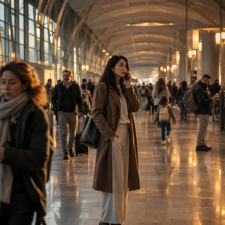Traveler speaking into phone in a busy airport terminal with warm overhead lights.