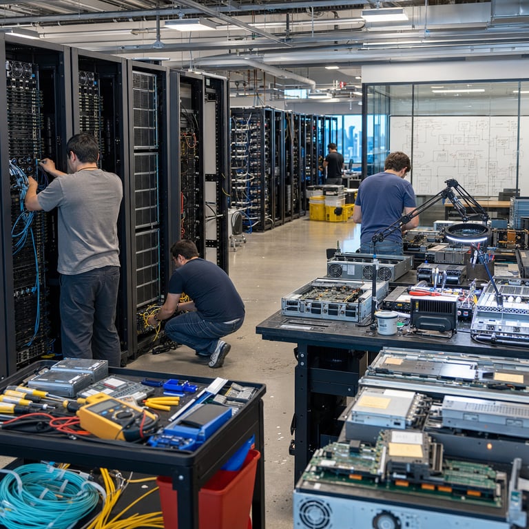 Inside a spacious open-plan research laboratory at an xAI technology campus anonymous engineers wearing plain gray and blue casual attire work together around tall black server racks and multiple long workbenches covered with neatly arranged networking cables power distribution units and cooling fans the engineers are shown from behind or in profile with no faces visible as they connect high-density GPU blades into chassis slots adjust cable management arms and monitor status indicator lights on equipment that powers advanced artificial intelligence systems dedicated to agentic tool calling and instruction following one engineer kneels to secure a fiber optic cable bundle while another stands at a workstation desk covered with printed circuit boards diagnostic tools and reference hardware diagrams the background shows additional rows of identical server cabinets stretching into the distance with visible airflow grilles and redundant power supplies on the floor large glass partitions separate the hardware area from an adjacent collaboration zone containing whiteboards covered in abstract flowcharts representing large context window processing and configurable reasoning pathways for autonomous AI agents scattered across the benches are disassembled older model server components being carefully labeled and moved aside to illustrate the phase-out process in favor of newer hardware optimized for single-brain tool use and reliable agent applications the laboratory features exposed industrial ceiling ducts with bundled data cables running overhead and safety signage without any lettering visible the overall environment includes rolling tool carts holding precision screwdrivers multimeters and cable testers plus stacks of spare SSD drives and memory modules all contributing to a realistic depiction of the physical infrastructure supporting the Grok 4.3 model update the scene emphasizes technical collaboration hardware integration and infrastructure scaling in a real-world setting without any digital overlays or screens displaying readable content the lighting comes from overhead fluorescent panels and small task lamps illuminating specific work areas while distant windows show an urban skyline confirming the location within a professional technology development facility the composition centers on the interplay between human technicians and the tangible server hardware that enables enhanced AI agent reliability through improved tool integration and instruction adherence capabilities.