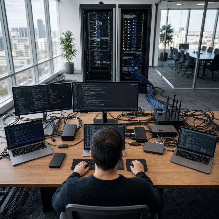 A realistic live-action scene inside a spacious modern corporate software development office features an anonymous male developer viewed from behind seated at a expansive wooden workstation desk covered in multiple high-end laptops open to dense lines of code alongside external monitor arrays and various peripheral devices including external hard drives and networking routers all interconnected by neatly bundled thick black cables that run across the desk surface and down into floor conduits leading toward a visible background server rack cabinet with blinking status lights and cooling fans representing distributed AI infrastructure access points one cluster of hardware symbolizing direct official channels and another adjacent cluster representing third-party custom provider integration for discounted access the developer wears a plain dark sweater and has short hair with one hand resting on a wireless keyboard and the other near a trackpad while the workspace includes scattered generic tech accessories like USB hubs power adapters and notepads the office environment includes floor-to-ceiling windows revealing an urban cityscape with distant buildings glass partitions separating adjacent meeting rooms with empty chairs around a conference table and potted plants positioned near the walls the overall setting conveys enterprise-scale AI tool utilization for coding and agentic workflows through parallel hardware setups illustrating availability of a flagship model via both standard and discounted third-party modes with visible emphasis on multiple connection pathways between laptops servers and networking equipment filling the foreground and midground in sharp focus without any visible markings symbols or identifiers on devices or surfaces the composition centers on the physical arrangement of computing hardware and the solitary developer engaged in technical work to depict expanded access options for developers and enterprises