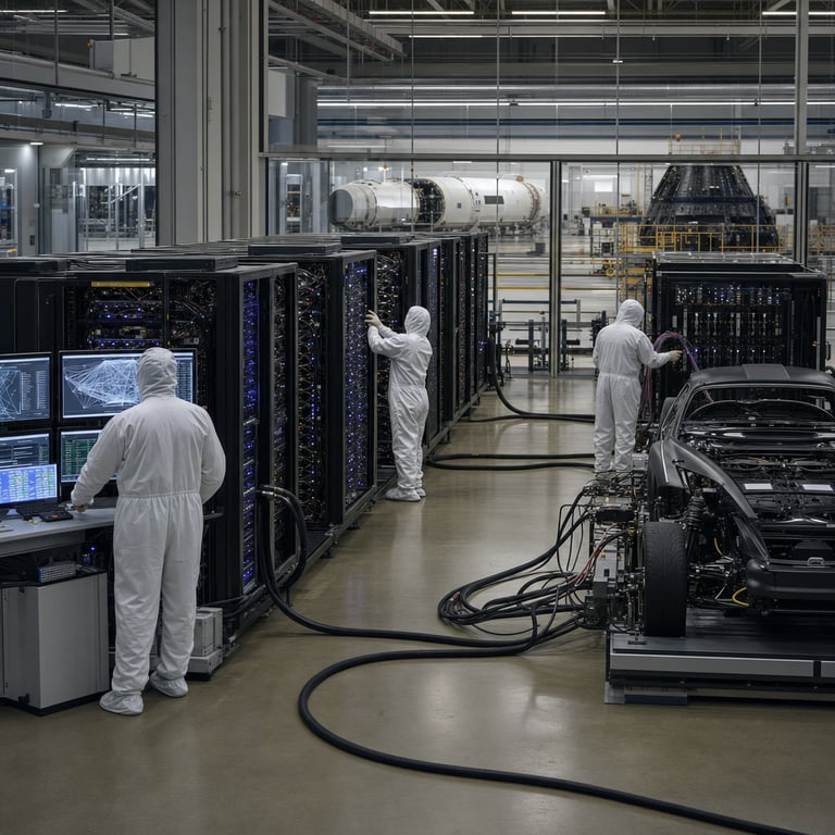 Inside a vast industrial data integration facility affiliated with SpaceX operations an array of anonymous technicians wearing neutral colored cleanroom coveralls stand with backs turned examining rows of tall server racks housing dense clusters of high capacity processors and liquid cooling manifolds the racks extend across the polished concrete floor under overhead industrial piping and ventilation grilles with visible bundles of thick shielded cabling connecting the hardware to adjacent diagnostic stations one technician adjusts connections on a central rack representing the V9 foundation infrastructure while another reviews graphical outputs on multiple flat panel displays showing layered neural network diagrams and performance metrics without any lettering or symbols present a third figure inspects bundled fiber optic lines linking the computing array to a nearby Tesla vehicle chassis mounted on a test rig with exposed electronic control units and sensor arrays the vehicle chassis displays matte black body panels and open wheel wells revealing suspension components integrated with data ports the entire scene includes additional server aisles receding into the distance with reflective metal surfaces and status indicator LEDs scattered across the equipment banks reinforced glass partitions separate the main floor from secondary zones containing rocket fuselage sections and satellite assemblies positioned on wheeled maintenance platforms the background shows partial views of assembly line conveyors holding electric drivetrain modules and avionics bays the composition emphasizes the physical scale of hardware deployment for private beta evaluation of a large scale foundation model incorporating extensive training datasets the technicians remain generic and unidentifiable with no facial features visible their postures focused on hardware manipulation and system verification tasks the environment features matte gray walls industrial flooring marked only by safety stripes and overhead cable trays running parallel to the racks distant doorways lead toward exterior areas with glimpses of launch infrastructure and vehicle testing zones all elements combine to depict the real world setting of advanced AI model rollout within aerospace and automotive engineering facilities