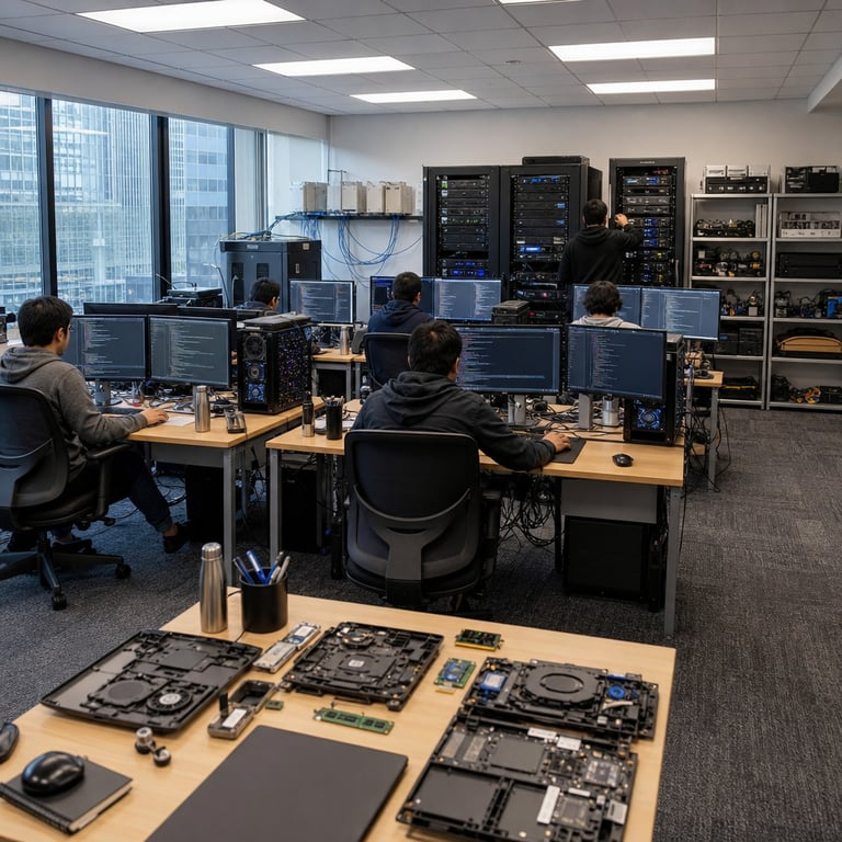 Inside a spacious modern technology engineering workspace filled with rows of identical ergonomic desks arranged in a grid pattern under bright overhead fluorescent lighting a group of six anonymous engineers sit with their backs facing the viewer each positioned in front of multiple large flat panel monitors connected to high performance desktop towers with visible internal components including graphics processing units and cooling fans the desks hold wireless keyboards mice trackpads and tangled bundles of black and blue Ethernet cables running between stations and wall mounted network switches in the background tall black server racks with blinking status lights and ventilation grilles line one wall next to metal shelves stacked with spare power supplies hard drives and toolkits a central table holds disassembled laptop chassis exposing motherboards and memory modules scattered around are generic office items such as stainless steel water bottles closed spiral bound notebooks without markings pens in holders and charging cables the floor features gray carpet tiles with subtle wear patterns and power strips with multiple outlets supplying electricity to the equipment the engineers wear plain hoodies and jeans their hands resting on keyboards while one stands near a rack adjusting a cable the overall environment conveys focused collaborative software development activity with natural light from large windows showing an urban cityscape outside the scene emphasizes hardware infrastructure dedicated to computational tasks agent based workflows and efficient processing systems through the arrangement of computing devices networking hardware and workspace organization without any visible markings or symbols on any surfaces