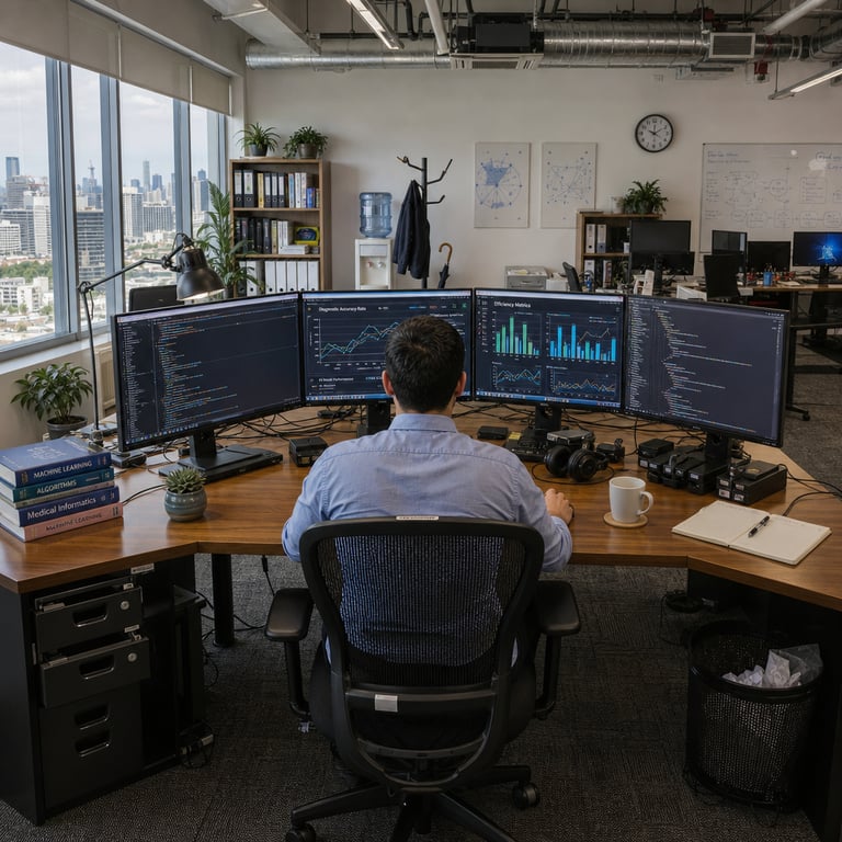In a modern open-plan office space designed for technology research and development an anonymous individual sits with their back facing the viewer at a large L-shaped desk made of polished wood featuring multiple high-resolution computer monitors arranged in a curved configuration showing detailed interfaces with code snippets and data charts representing healthcare metrics such as diagnostic accuracy rates and efficiency measurements in artificial intelligence applications the person is dressed in a light blue collared shirt and dark trousers with sleeves rolled up to the elbows their hands positioned on a standard keyboard and mouse as they engage with software tools for coding and testing the desk surface also contains several external storage devices with cables neatly organized a pair of over-ear headphones resting beside the monitors a stack of technical reference books on topics including machine learning algorithms and medical informatics a small potted succulent plant in a ceramic pot a ceramic coffee cup on a wooden coaster and a notepad with pen the background features floor-to-ceiling windows overlooking an urban skyline with buildings and streets a bookshelf filled with numerous volumes on computer science artificial intelligence and healthcare technology a filing cabinet with drawers slightly open revealing folders a coat rack holding a jacket and umbrella a water cooler in the corner and additional desks with similar setups in the distance indicating a collaborative workspace environment this composition illustrates the practical application of advanced artificial intelligence models in developing solutions for the healthcare industry through specialized coding environments and performance evaluation frameworks emphasizing the role of such technologies in achieving superior results in relevant assessment indices and benchmarks for medical data processing and analysis tasks performed by developers utilizing these tools the scene conveys a sense of focused productivity and technological integration the monitors display graphs with lines and bars indicating performance scores in various categories related to healthcare artificial intelligence the code visible includes functions for data processing and model evaluation the room has carpeted flooring with patterns industrial style ceiling with exposed pipes and ducts air conditioning vents on the walls posters on the walls showing abstract representations of data flows and connectivity the individual has short hair and is focused intently on the task at hand with a posture indicating concentration and dedication to the work involving cutting edge models from leading organizations in the field of artificial intelligence the workspace includes additional elements such as a whiteboard with diagrams of system architectures a trash bin with discarded paper a charging station for electronic devices a lamp on the desk providing illumination a chair with ergonomic design and wheels a rug under the desk area a clock on the wall showing time passing during work hours a plant stand with multiple green plants a printer on a side table with paper trays a bookshelf with binders labeled in generic ways but no text visible a window sill with small decorative items like stones and a small model of a building representing urban tech hubs the entire environment underscores the integration of artificial intelligence development tools with healthcare applications through coding platforms used for benchmark testing and efficiency improvements in frontier model deployments.