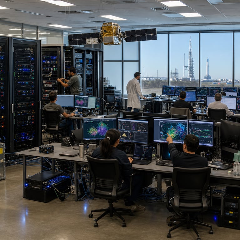 A spacious modern technology laboratory interior features rows of black server racks with blinking indicator lights along the walls and open floor space filled with multiple workstations each holding several large flat panel monitors displaying abstract colorful data visualizations graphs and charts without any legible content. Anonymous technicians wearing neutral colored casual business attire and lab coats sit or stand with backs or sides facing the viewer focused intently on their tasks at the desks. One technician points toward a central monitor while another adjusts connections on a rack unit nearby. The room includes subtle aerospace themed elements such as a scale model satellite suspended from the ceiling and a large window in the background revealing a distant view of a rocket launch pad under clear skies. Cables neatly organized on the floor connect various hardware components including high performance computing units and storage arrays. The overall atmosphere conveys collaborative technical work in an advanced AI development facility with natural daylight mixing with overhead fluorescent illumination creating a professional documentary style news photograph. Additional details include ergonomic office chairs scattered around the stations water bottles and notebooks on desks ventilation grilles on the ceiling and a polished concrete floor reflecting the equipment lights. The composition centers on the human activity amid the technological infrastructure emphasizing scale and precision in a real world setting associated with frontier artificial intelligence model development and deployment for cost efficient agentic applications.