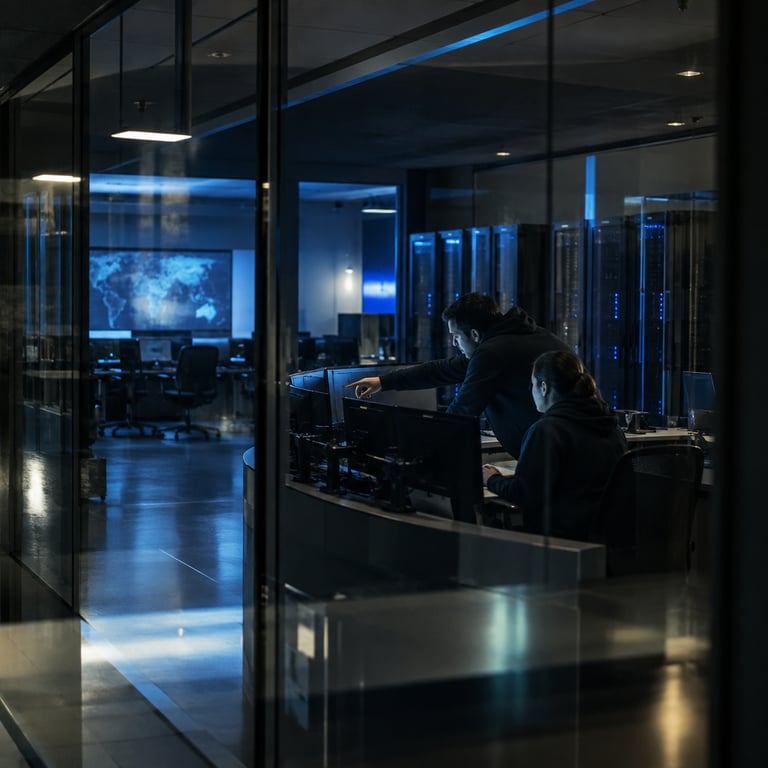 Security analysts behind glass in a dim SOC test AI models Grok 4.7 and MiMo-V2.6-Pro.