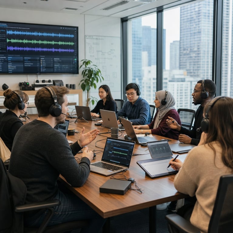 In a bustling open-plan technology office with large glass windows overlooking an urban skyline, a diverse group of anonymous enterprise developers sits around a long wooden conference table during a collaborative testing session for voice transcription software. The room features multiple laptop computers open on the table, each displaying interface elements without any visible text or logos, alongside wireless headsets and microphones positioned near the users. Several individuals are engaged in simultaneous conversations in various languages including English, Spanish, Mandarin, and Arabic, creating overlapping speech patterns that fill the space with natural ambient noise from air conditioning vents, distant keyboard typing, and hallway foot traffic. One developer leans forward while speaking into a headset microphone, another gestures with hands while reviewing audio playback on a screen, and a third takes notes on a tablet device. The background includes potted plants, modern ergonomic chairs, whiteboards covered in abstract diagrams, and shelves holding technical hardware such as routers and servers. Natural daylight streams through the windows illuminating the scene with even illumination, highlighting details like fabric textures on clothing, metallic finishes on devices, and subtle reflections on glossy tabletops. The overall composition captures a realistic workplace environment focused on evaluating multilingual speech recognition performance in challenging noisy conditions typical of real enterprise settings, with participants appearing concentrated and professional in business casual attire. Additional elements include scattered coffee mugs, charging cables neatly arranged, and a large wall-mounted display showing waveform visualizations without any readable content. The scene emphasizes the practical application of advanced transcription tools for batch processing and live streaming capabilities used by development teams at technology companies, reflecting updates in accuracy for complex audio environments while maintaining unchanged operational parameters for business users.