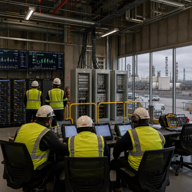 A sprawling interior control room inside a large-scale renewable diesel production facility features rows of industrial-grade server racks and networking hardware cabinets aligned along reinforced concrete walls with exposed piping and ventilation ducts overhead carrying processed biofuels feedstock lines. Anonymous technicians in standard high-visibility safety vests and hard hats stand with backs turned monitoring wall-mounted displays showing abstract graphs of efficiency metrics and process flows without any legible characters. In the foreground a cluster of generic operators gathers around a central console table covered with diagnostic tablets and modular AI inference units connected via thick fiber optic bundles to adjacent telco-grade base station equipment cabinets featuring standardized radio access hardware typical of automated network management systems. Through large reinforced windows the background reveals outdoor biofuel storage tanks and distillation columns under an overcast sky with pipelines running across a gravel yard where maintenance vehicles are parked. The entire scene emphasizes consolidated IT infrastructure supporting scalable AI optimization for energy processing operations with multiple layers of hardware including cooling units fans spinning steadily and cable management trays running along the ceiling. Additional details include safety barriers around electrical panels LED status indicators glowing in patterns across equipment fronts ergonomic seating arrangements for shift workers and distant views of loading docks handling renewable fuel transport containers. The composition captures the integration of advanced computing resources within an active renewable fuels environment highlighting operational consolidation through visible hardware density and connectivity setups that enable real-time automation without depicting any specific individuals or branded markings. Extended visual layers show secondary monitoring stations with portable diagnostic tools scattered on work surfaces alongside bundled cables and redundant power supply units positioned for continuous uptime in the energy sector context. The facility layout incorporates modular data processing pods adjacent to process control areas creating a unified workspace where AI-driven efficiency tools interface with existing industrial controls and telecommunications infrastructure supporting expanded capabilities for the energy company operations.