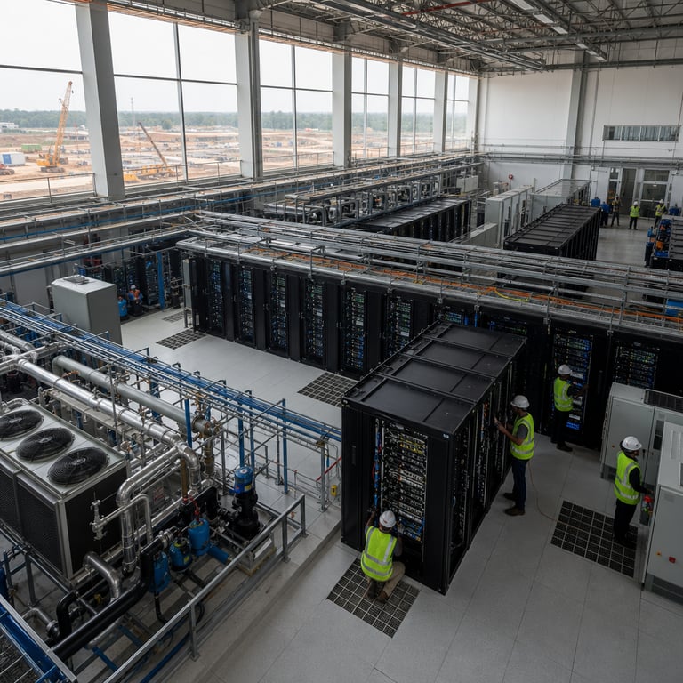 A vast industrial data center facility situated in the outskirts of Bhubaneswar within the Odisha Sovereign AI Park showing multiple rows of tall black server racks filled with dense arrays of computing hardware and networking equipment stretching into the distance under high ceilings with exposed metal ductwork and overhead cable trays. Anonymous technicians wearing safety vests and hard hats move between the racks performing maintenance on cooling units and power distribution systems while others monitor control panels displaying system status through graphical interfaces. The foreground features large-scale liquid cooling infrastructure with pipes and heat exchangers connected to the racks alongside backup generators and uninterruptible power supply units positioned along the walls. Outside through large windows the surrounding landscape shows cleared land with construction cranes and foundation work for additional buildings indicating ongoing expansion of the AI infrastructure project. The scene includes generic Indian workers in the background handling fiber optic cables and storage arrays representing the localized AI hardware deployment by HCLTech in partnership with Sarvam AI for sovereign AI capabilities. Industrial flooring with raised access panels reveals underfloor cabling and environmental control systems maintaining optimal temperatures for high-performance computing clusters. Natural daylight filters through skylights illuminating the clean organized layout of the facility with emphasis on the scale of the investment in physical AI infrastructure including specialized AI accelerator hardware visible inside open rack doors and dedicated networking switches for model training workloads. The overall environment conveys a functional high-tech operational space focused on data processing and model development without any visible branding or markings.