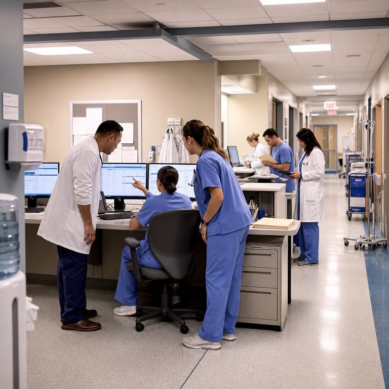 In the interior of a modern hospital administrative wing connected to Allegheny Health Network facilities a group of anonymous healthcare workers wearing generic blue scrubs and white lab coats stand around a large shared workstation desk equipped with multiple computer monitors keyboards and mouse devices one worker seated at the desk gestures toward a screen displaying patient data interfaces while two standing colleagues lean forward examining the same display area behind them additional staff members review printed folders and tablet devices at nearby smaller desks the workstation area features standard office chairs rolling file cabinets and wall mounted notice boards without any markings the background shows a long corridor with closed patient room doors medical supply carts holding generic boxes and equipment trays and visible doorways leading to examination rooms the floor consists of polished tile surfaces with subtle directional lines the ceiling includes standard ventilation grilles and recessed panels the entire setting conveys collaborative use of digital tools for healthcare operations the workers appear focused on their tasks with one holding a stethoscope loosely at their side another adjusting a folder of papers the scene includes multiple anonymous figures in various postures such as standing leaning sitting and pointing all engaged with technology hardware in a clinical environment that reflects scaled AI agent deployment across numerous operational scenarios the hospital wing environment includes visible elements like hand sanitizer dispensers wall outlets with plugged in device chargers and rolling intravenous stands positioned along the walls the overall composition centers on the group interaction at the main desk area surrounded by typical healthcare infrastructure objects such as diagnostic tool trays storage bins and communication devices all without any visible markings or identifiers the workers represent diverse generic appearances in terms of age build and hair styles but remain fully anonymized from any specific identity the scene captures a moment of professional activity illustrating measurable returns from enterprise AI systems in payer provider integrated settings like those managed by Highmark Health through its Sidekick agent built on Gemini Enterprise technology the environment extends to include background details such as a water cooler station near the corridor a coat rack with hanging lab coats and a bulletin board covered in blank papers the workers continue their review process with one individual typing on a keyboard while others discuss by nodding and gesturing the workstation desk surface holds additional items including a telephone headset a stack of manila folders and a cup holding pens the corridor extends into the distance showing more closed doors and additional supply carts the entire view remains grounded in real healthcare operational spaces associated with Highmark Health Sidekick Gemini Enterprise and Allegheny Health Network activities demonstrating value through extensive use cases and prompt volumes without depicting any prohibited elements