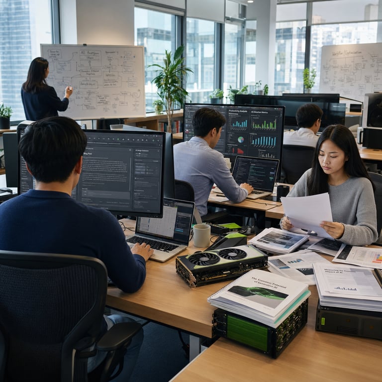 In a modern open-plan corporate office with large windows overlooking an urban skyline a diverse group of anonymous professionals in business casual attire work intently at multiple workstations equipped with high-end desktop computers featuring visible Nvidia graphics processing units and multiple large monitors displaying complex interfaces for generative artificial intelligence applications one individual with back turned to the viewer types prompts into a software tool to produce marketing blog posts and social media content for client campaigns another professional seated nearby reviews detailed productivity analytics charts and adoption metric graphs derived from economic research studies while participating in a virtual consultation session on a laptop screen where they advise a remote enterprise client on implementing artificial intelligence strategies for revenue growth a third worker organizes printed reports and documents referencing productivity research from institutions such as Stanford Institute for Human-Centered Artificial Intelligence alongside analyses from PwC and Lightcast on labor market trends in artificial intelligence sectors the workspace includes scattered hardware components like graphics cards and servers from Nvidia alongside software dashboards associated with tools from OpenAI Anthropic and GitHub Copilot used for automating content creation tasks and developing custom consulting frameworks the scene shows collaborative yet focused activity with individuals exchanging notes on strategies for monetizing generative artificial intelligence through freelance services enterprise solutions and data-driven consulting the environment features neutral toned furniture ergonomic chairs potted plants and subtle background elements like whiteboards covered in abstract diagrams illustrating workflow optimizations for artificial intelligence adoption all elements emphasize real-world application of generative artificial intelligence in business settings without any visible text logos or identifiers the professionals appear engaged in practical tasks such as generating written materials analyzing economic data on artificial intelligence integration and delivering expert advice on scaling revenue streams using advanced computational tools the overall composition captures a snapshot of contemporary enterprise operations where individuals leverage artificial intelligence platforms to enhance output and create new income opportunities grounded in empirical studies on technology adoption and productivity gains the lighting is natural daylight streaming through windows illuminating the desks and computer screens highlighting the tangible hardware and human interactions central to applying these technologies in professional contexts additional details include coffee mugs on desks secondary laptops running parallel sessions for client deliverables and a shared conference table with more documents and devices suggesting ongoing team discussions about artificial intelligence enabled business models the scene remains strictly professional and focused on productive use of technology in a realistic office setting that directly reflects methods for individuals and companies to generate revenue via content production consulting and related artificial intelligence applications informed by relevant economic and research data