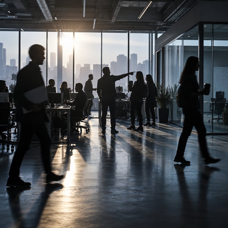 Anonymous employees in silhouette move through an HP office floor, one gesturing toward a laptop, illustrating hybrid AI productivity.