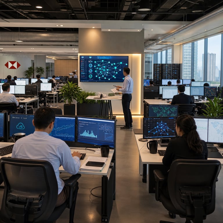 Inside a spacious open-plan financial operations center on an upper floor of a modern high-rise building in a major international financial district, multiple anonymous professionals in business attire sit at long rows of sleek desks equipped with multiple computer monitors displaying complex data visualizations including line graphs, bar charts, network diagrams, and risk assessment matrices without any readable text or labels. The room features large floor-to-ceiling windows revealing a distant city skyline with other skyscrapers under a clear sky, while the interior includes polished concrete floors, exposed ceiling ducts painted in neutral tones, potted green plants positioned along walkways, and subtle HSBC branding visible only as abstract geometric logos on wall panels. One analyst stands near a central collaborative table holding printed documents and tablets, gesturing toward a shared large display screen showing interconnected nodes representing transaction flows and risk scores in shades of blue and green. Nearby desks hold wireless keyboards, ergonomic office chairs, coffee mugs, and stacks of file folders, with additional staff members seated and focused on their individual screens illustrating reduced alert volumes through visual metrics. The overall atmosphere conveys collaborative data analysis in a global banking environment supported by cloud infrastructure, with subtle references to Google Cloud integration through abstract cloud-shaped icons on secondary monitors and server rack imagery in the background. The space includes modular furniture arrangements, soft overhead lighting from recessed fixtures, acoustic panels on walls for sound management, and distant views of meeting rooms with glass walls where additional teams discuss operational metrics. Every element emphasizes real-world banking technology deployment for anti-money laundering processes, including visual representations of dynamic risk scoring systems that highlight efficiency gains in detecting financial irregularities across multiple international markets without depicting any specific individuals or textual content.