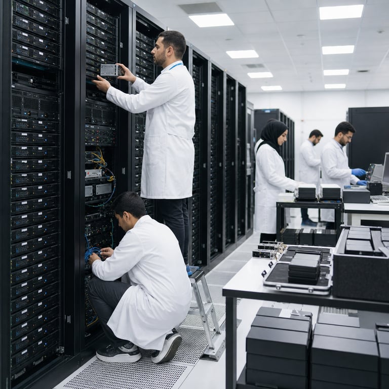 Inside a spacious high-tech research laboratory at MBZUAI a team of anonymous technicians and researchers wearing plain white lab coats and safety badges work methodically around a long row of tall black server racks that form the physical backbone of the K2 Horizon fleet release. The racks contain dense arrays of GPU nodes and high-capacity storage arrays holding complete training datasets codebases model checkpoints and evaluation results for six distinct fully open models spanning parameter counts from 0.9 billion up to 375 billion. One researcher stands on a small step stool carefully sliding a large sealed archival hard-drive cartridge into a designated slot on the middle rack while another colleague kneels to connect fiber-optic cables between adjacent nodes ensuring the full reproducibility package remains intact. Additional staff members examine nearby diagnostic panels and portable data-transfer stations where external solid-state drives and tape libraries are being prepared for distribution under Apache 2.0 licensing. The background shows further rows of identical server cabinets extending into the distance with visible cooling vents and status indicator lights blinking steadily. The floor is covered in anti-static matting and overhead LED panels provide even illumination across the entire scene. On a nearby workbench lie stacks of labeled but text-free archival boxes containing additional backup media for the IFM project alongside reference hardware modules associated with the K2 Horizon series. The researchers move with deliberate precision checking connections and verifying physical inventory of the released assets without any visible writing or branding present anywhere in the environment. The overall atmosphere conveys the methodical handover of a comprehensive open model collection from the IFM team at MBZUAI intended for broad community use including integration points with external platforms such as Hugging Face. Every visible element from the server hardware and storage media to the researchers postures and the laboratory architecture directly reflects the infrastructure supporting the six-model K2 Horizon release with complete accompanying data code and evaluation materials.
